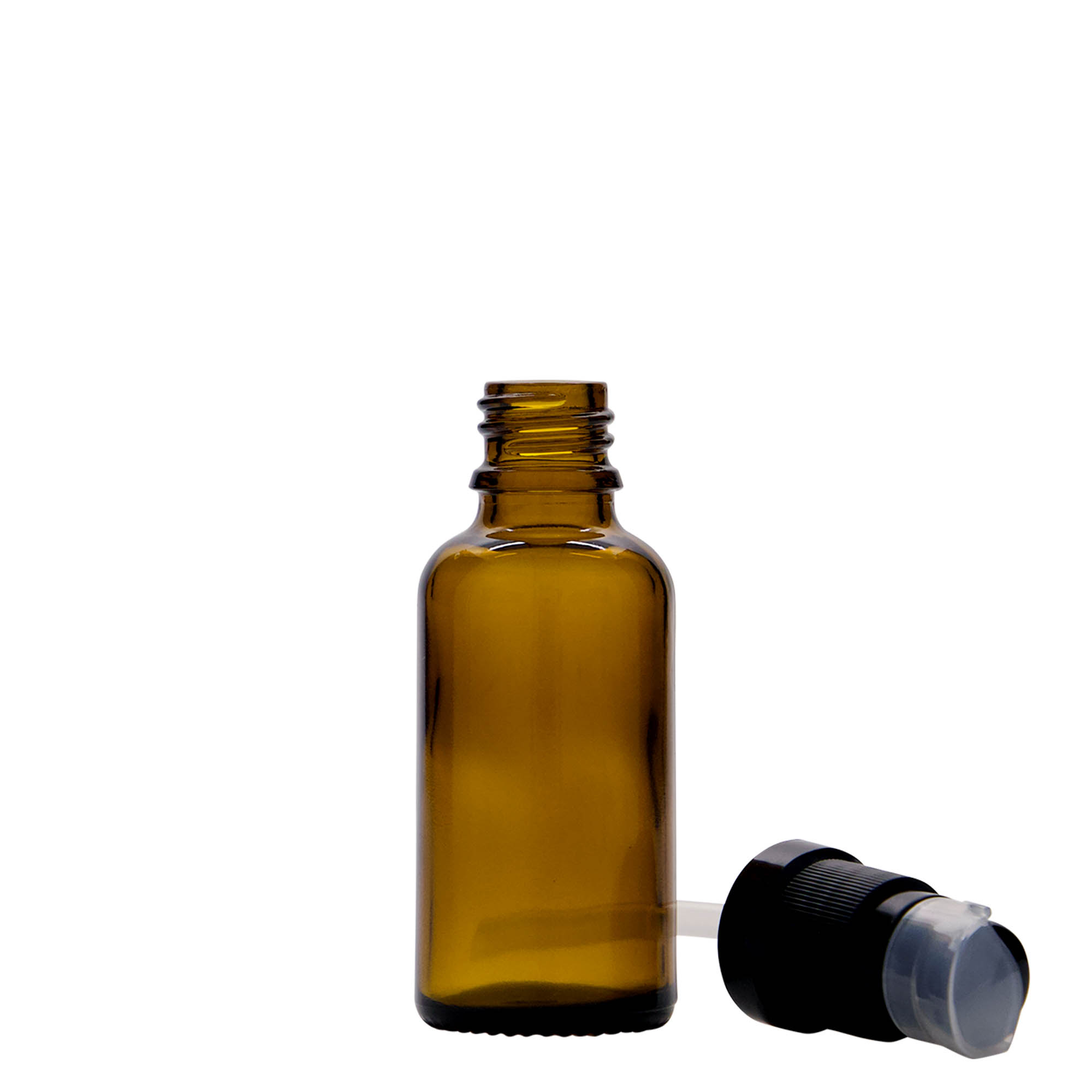 Flacon pharmaceutique 30 ml avec pompe de lotion, verre, marron, bouchage: DIN 18 Flacon pharmaceutique 30 ml avec pompe de lotion, verre, marron, bouchage: DIN 18