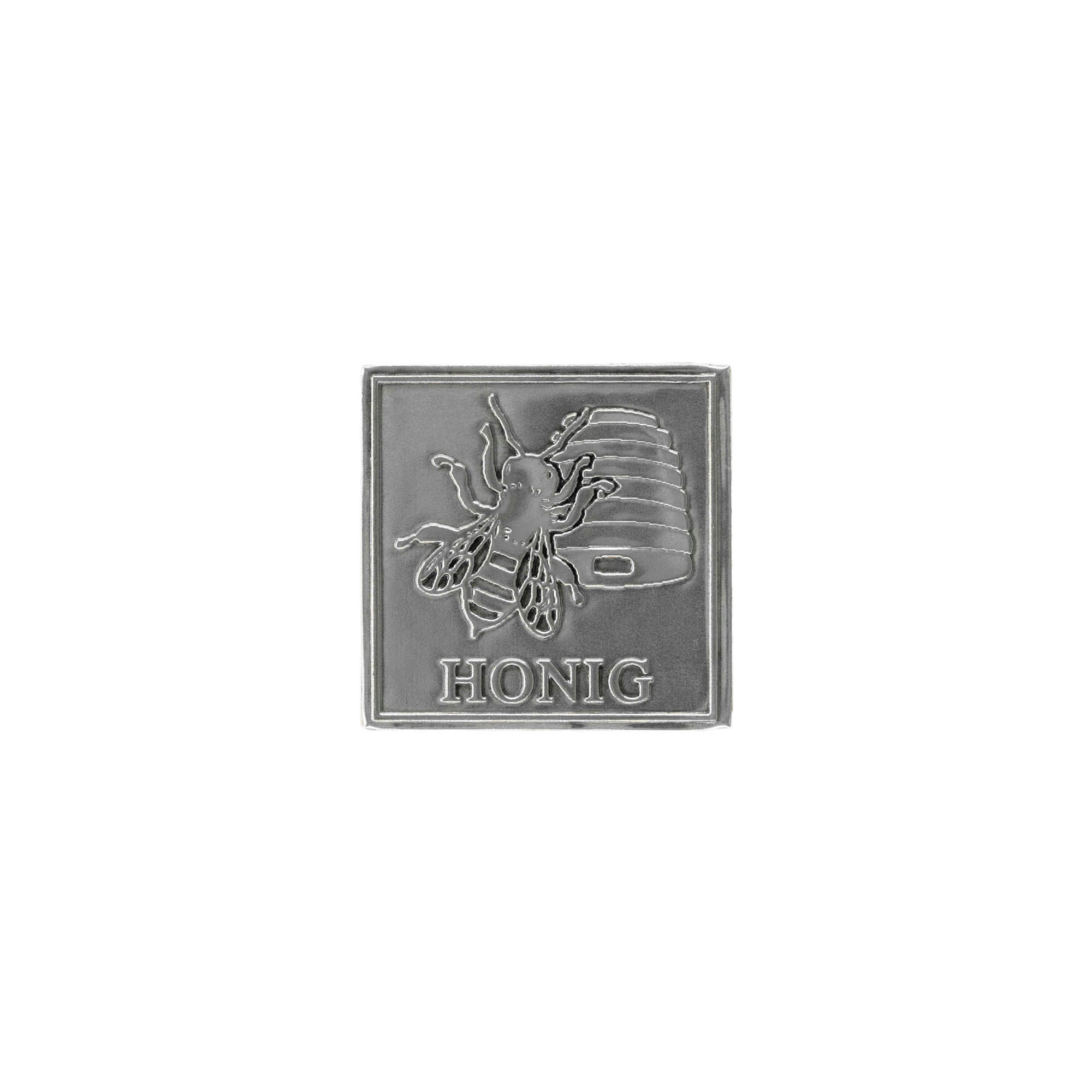 Tinnen etiket 'Honing', vierkant, metaal, zilver Tinnen etiket 'Honing', vierkant, metaal, zilver