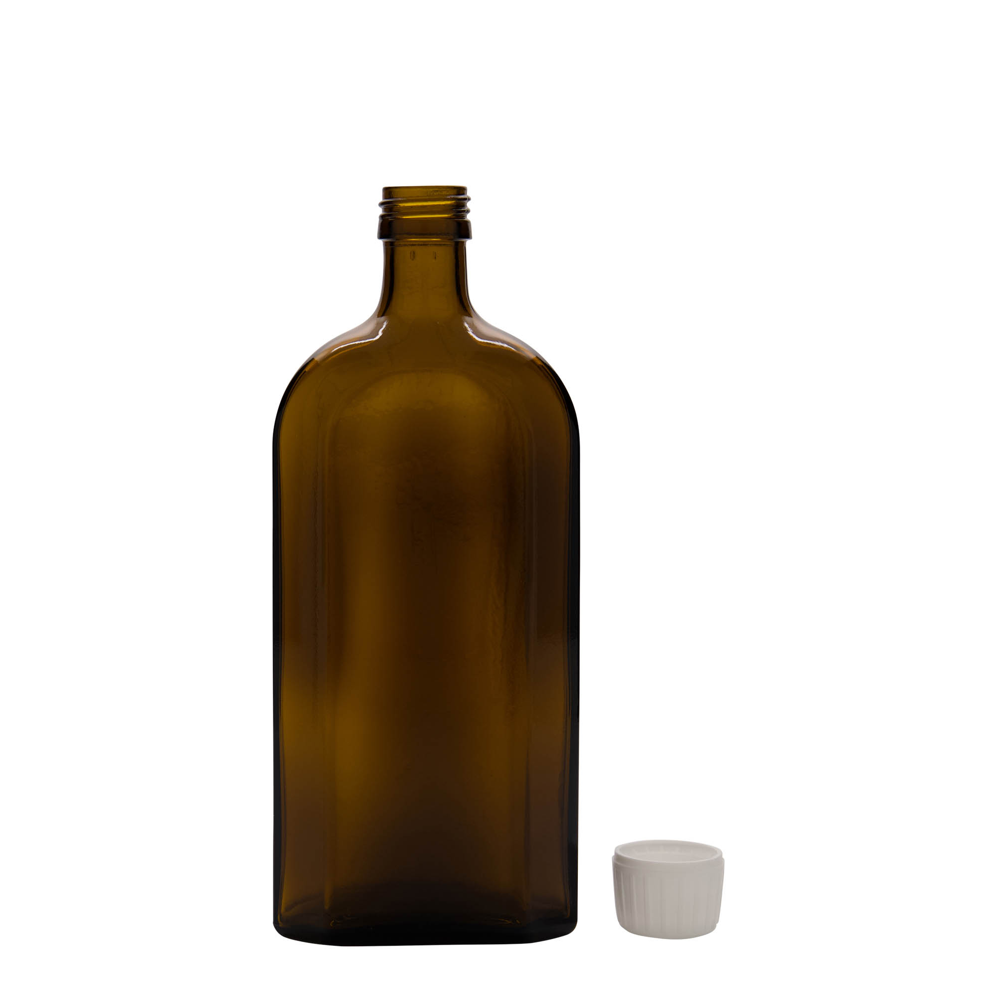 Flacon pharmaceutique Meplat 500 ml, ovale, verre, brun, bouchage: PP 28