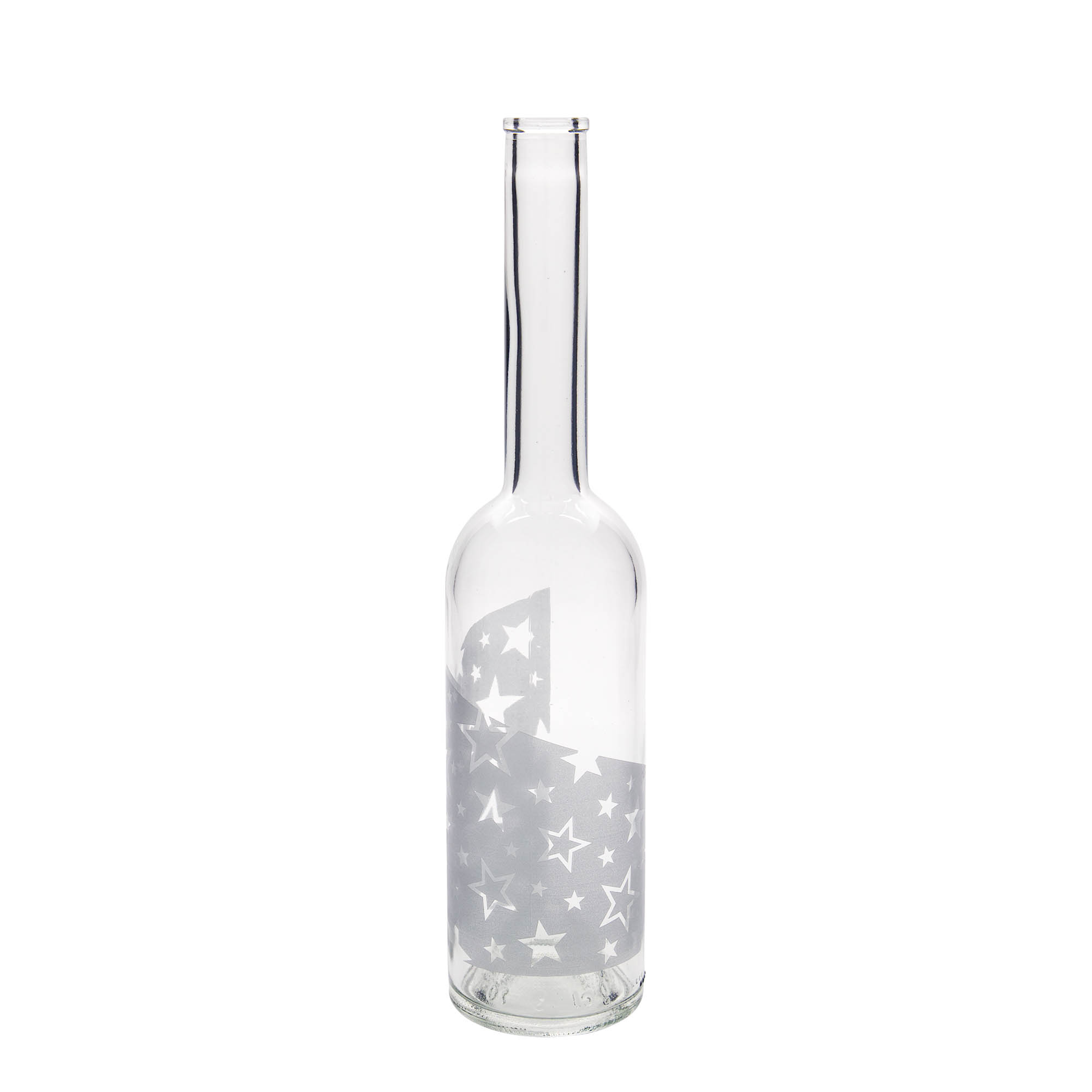 Glazen fles 'Opera', 500 ml, motief: Zilveren sterren, monding: kurk Glazen fles 'Opera', 500 ml, motief: Zilveren sterren, monding: kurk