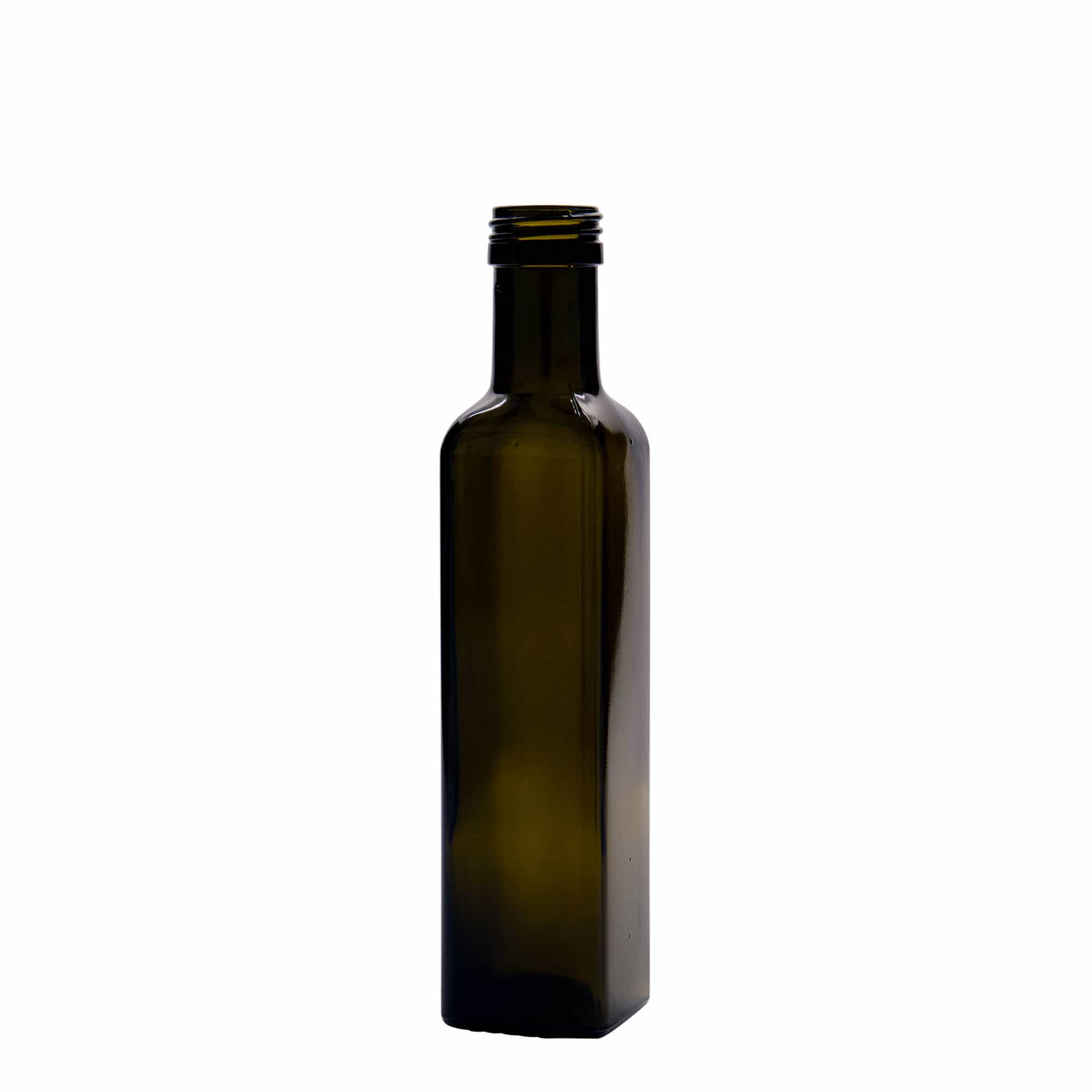 Glazen fles 'Marasca', 250 ml, vierkant, antiekgroen, monding: PP 31,5 Glazen fles 'Marasca', 250 ml, vierkant, antiekgroen, monding: PP 31,5