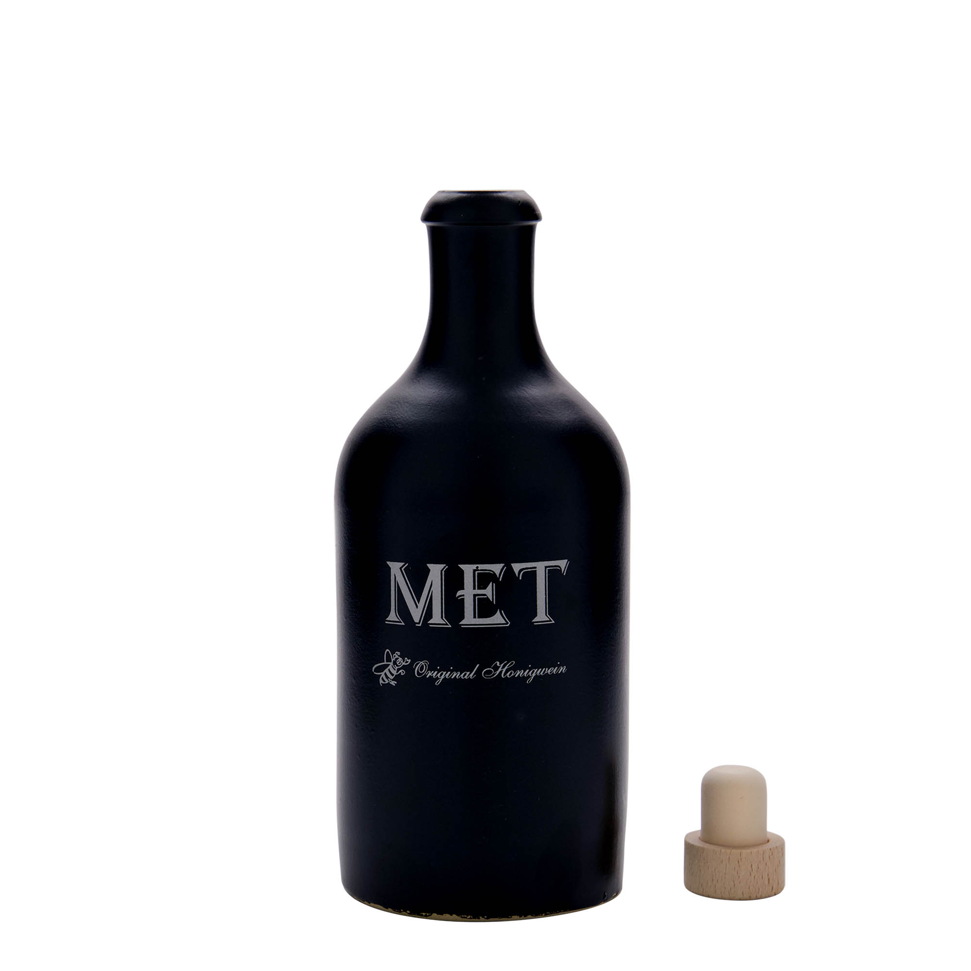 Chope en terre cuite 500 ml, motif : hydromel, grès, noir, bouchage: bouchon Chope en terre cuite 500 ml, motif : hydromel, grès, noir, bouchage: bouchon