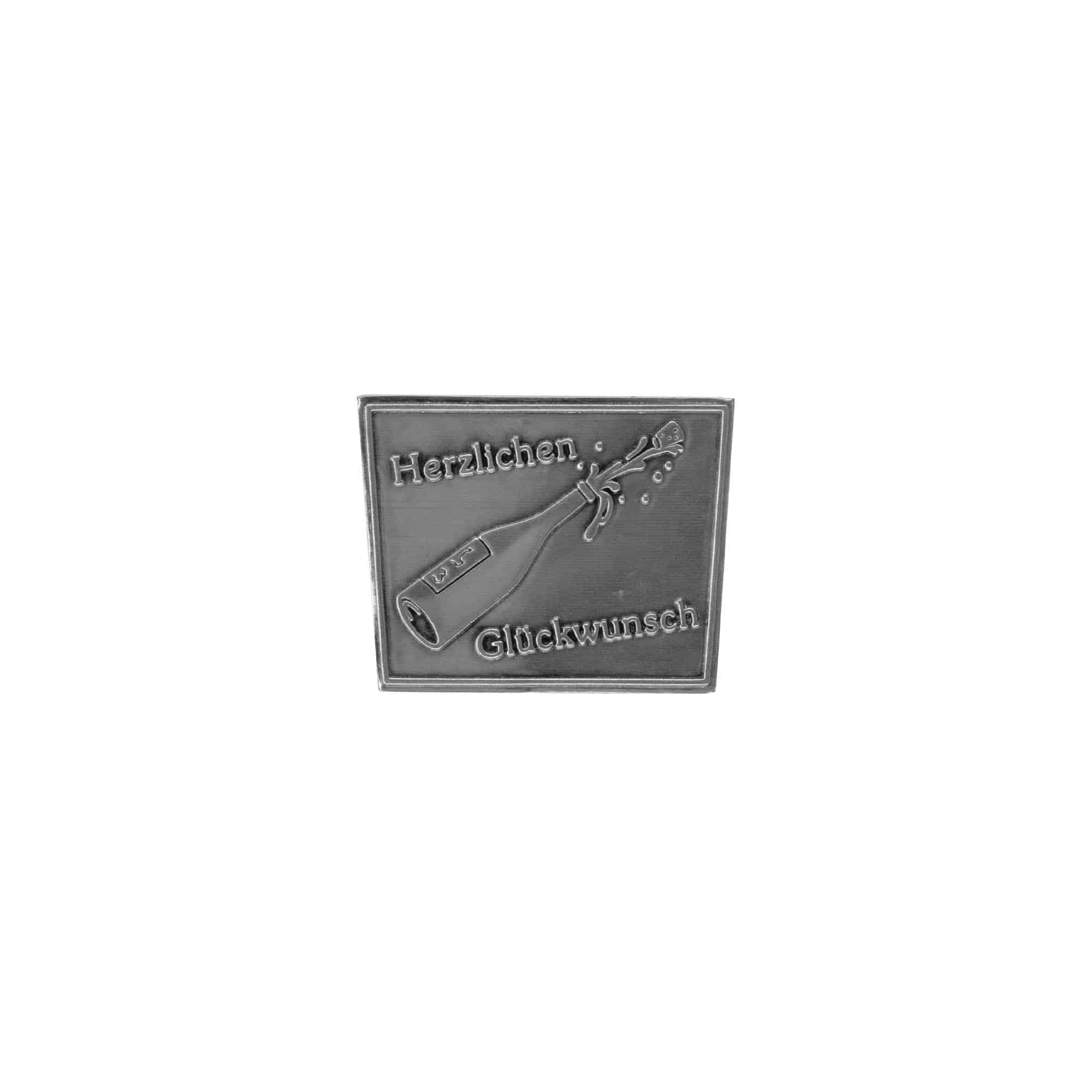 Tinnen etiket 'Hartelijk gefeliciteerd', trapezium, metaal, zilver