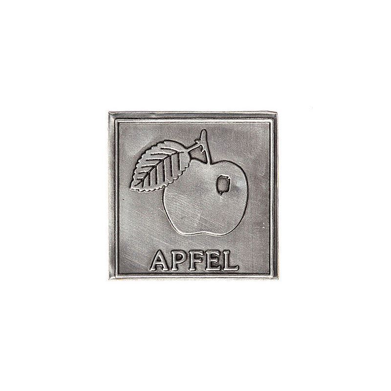 Tinnen etiket 'Appel', vierkant, metaal, zilver Tinnen etiket 'Appel', vierkant, metaal, zilver