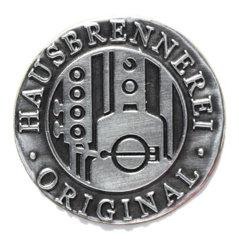 Tinnen etiket 'Huisstokerij', rond, metaal, zilver