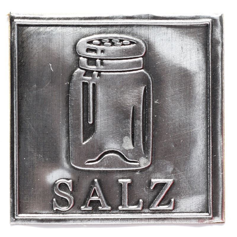 Étiquette en étain « Sel », carrée, métallique, argentée