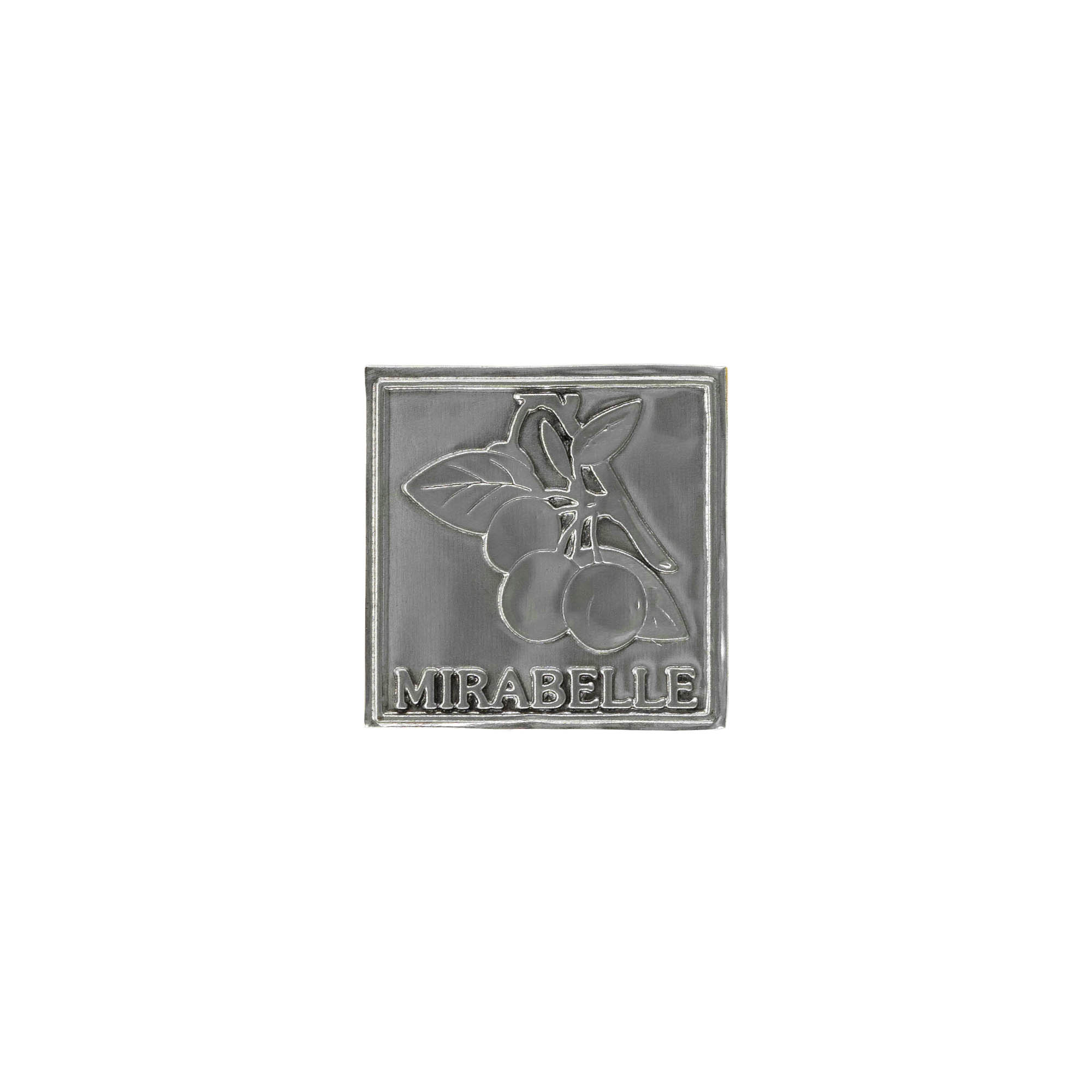 Tinnen etiket 'Mirabel', vierkant, metaal, zilver Tinnen etiket 'Mirabel', vierkant, metaal, zilver