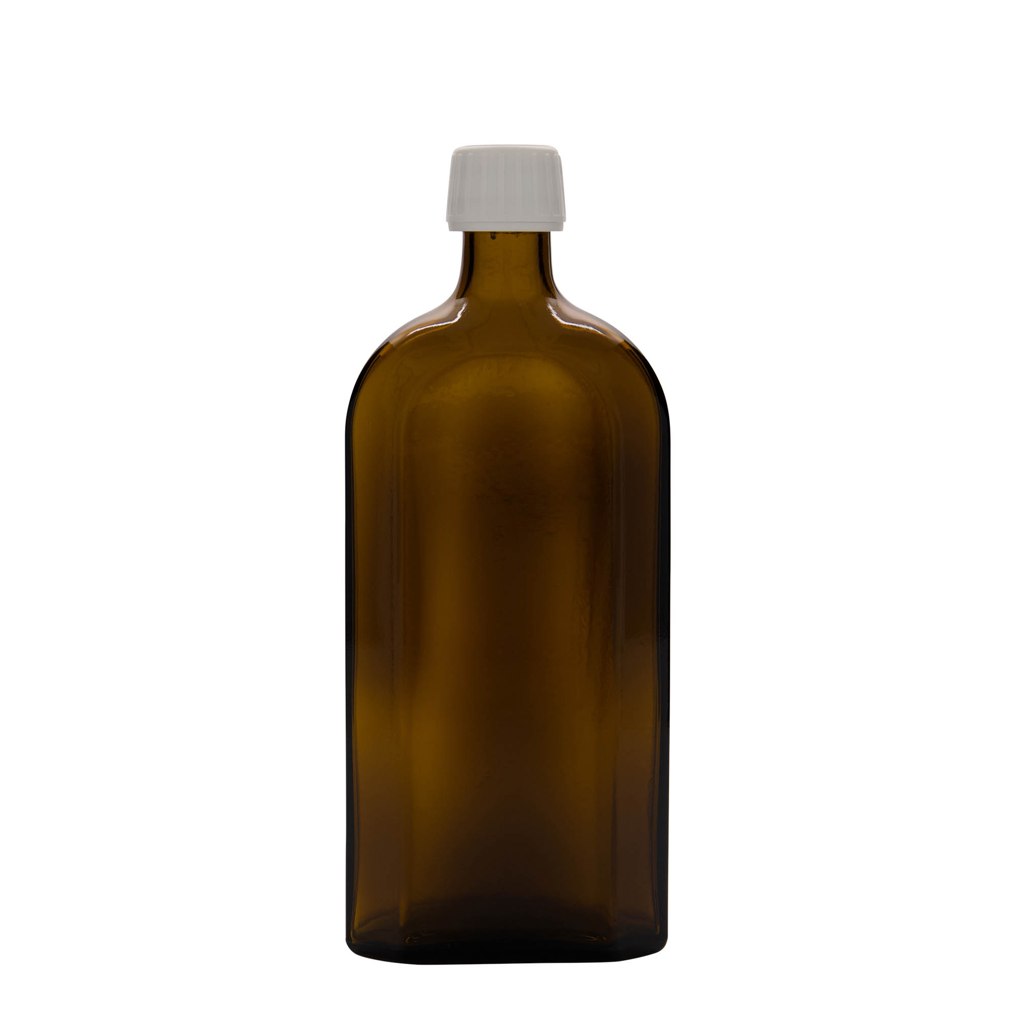 Flacon pharmaceutique Meplat 500 ml, ovale, verre, brun, bouchage: PP 28