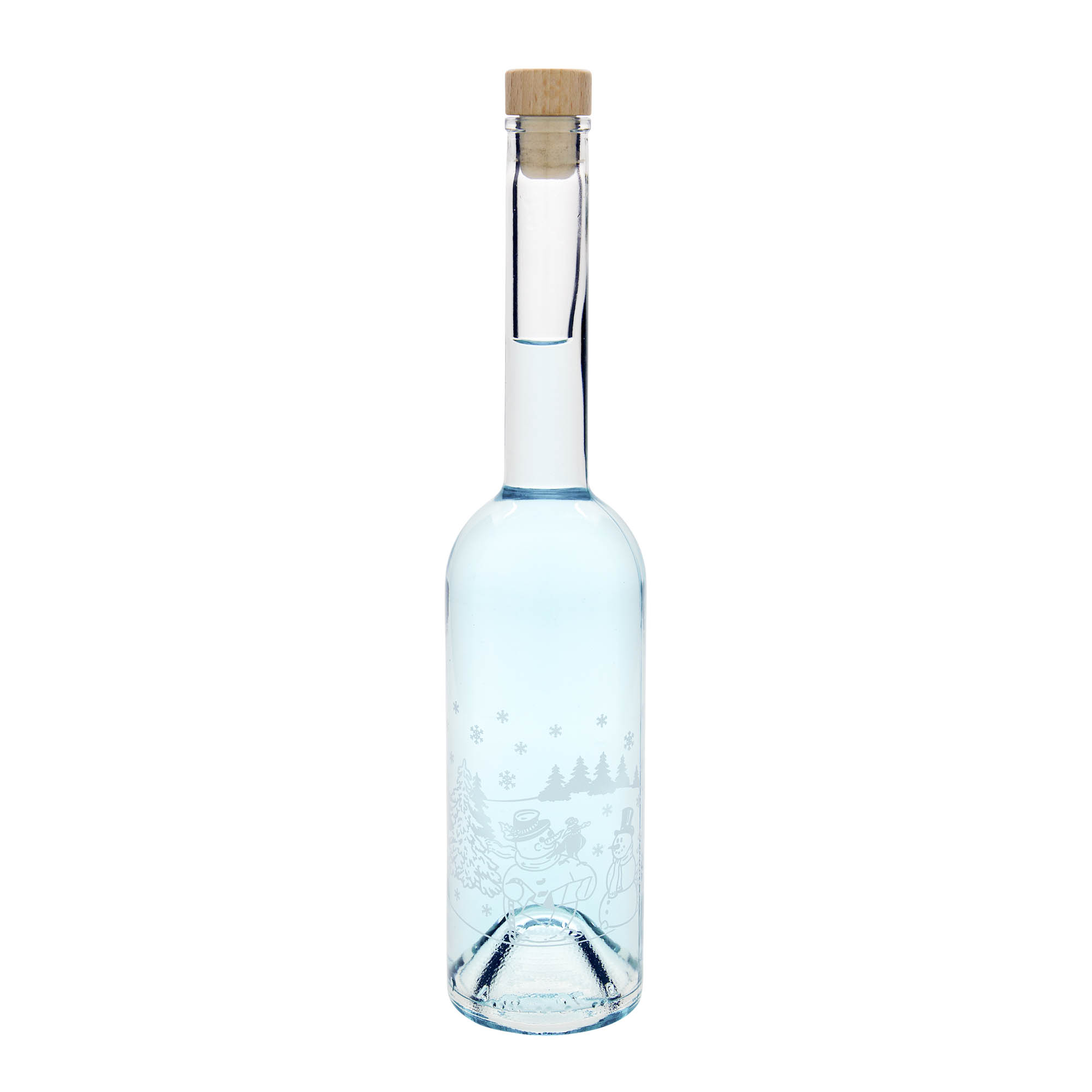 Glazen fles 'Opera', 500 ml, motief: Sneeuwpopfles, monding: kurk Glazen fles 'Opera', 500 ml, motief: Sneeuwpopfles, monding: kurk