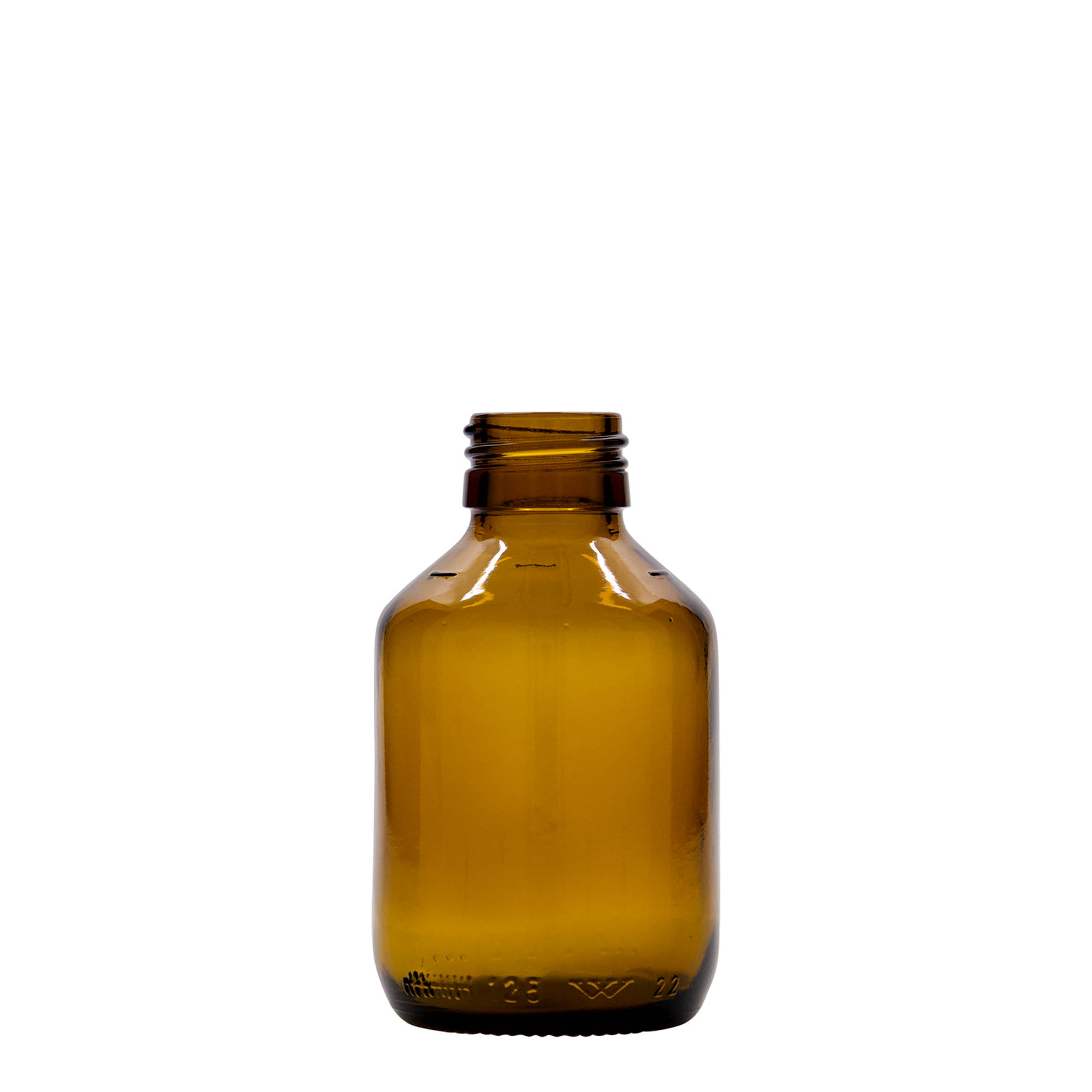 Medicijnfles, 125 ml, bruin, glas, monding: PP 28 Medicijnfles, 125 ml, bruin, glas, monding: PP 28