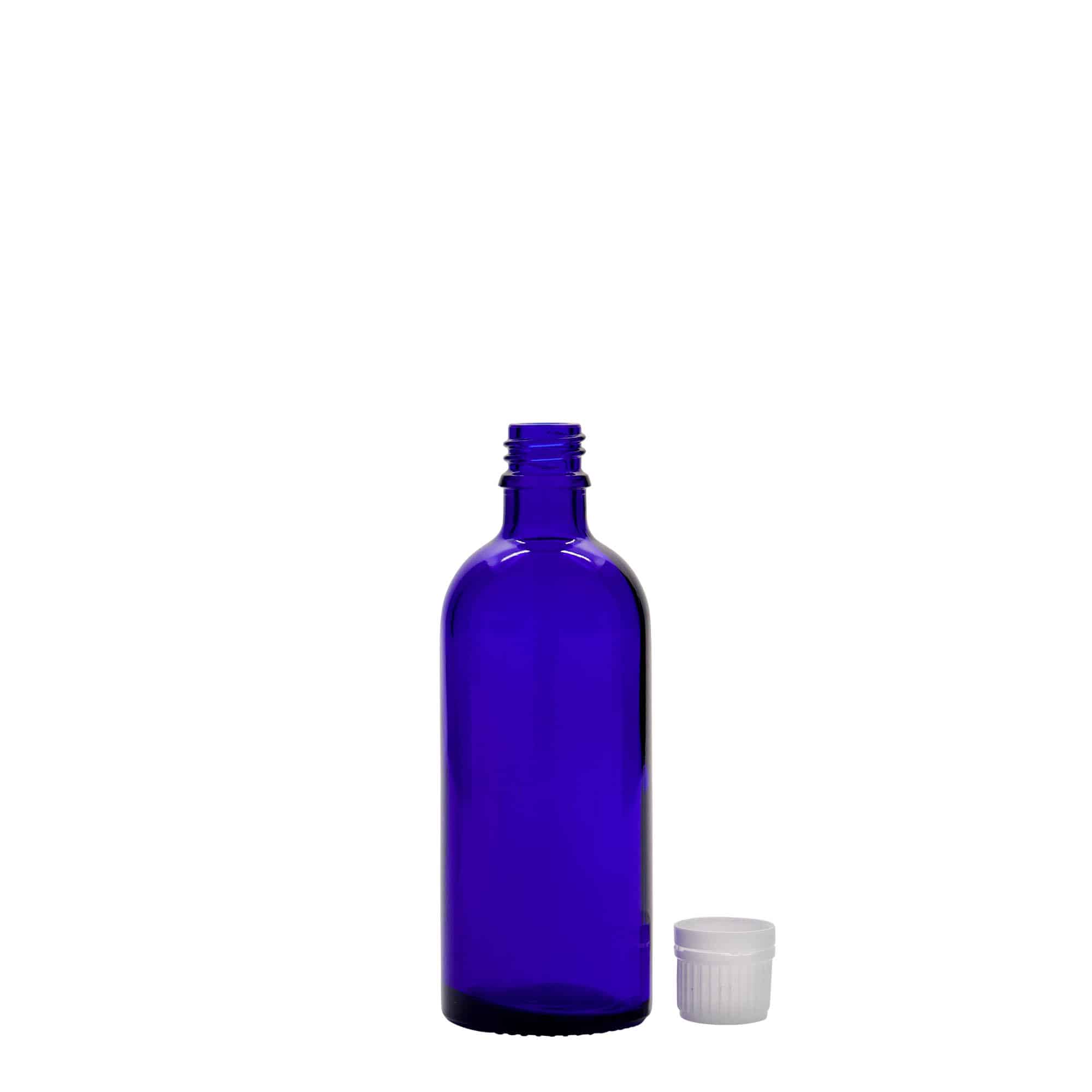 Flacon pharmaceutique 100 ml , verre, bleu roi, bouchage: DIN 18