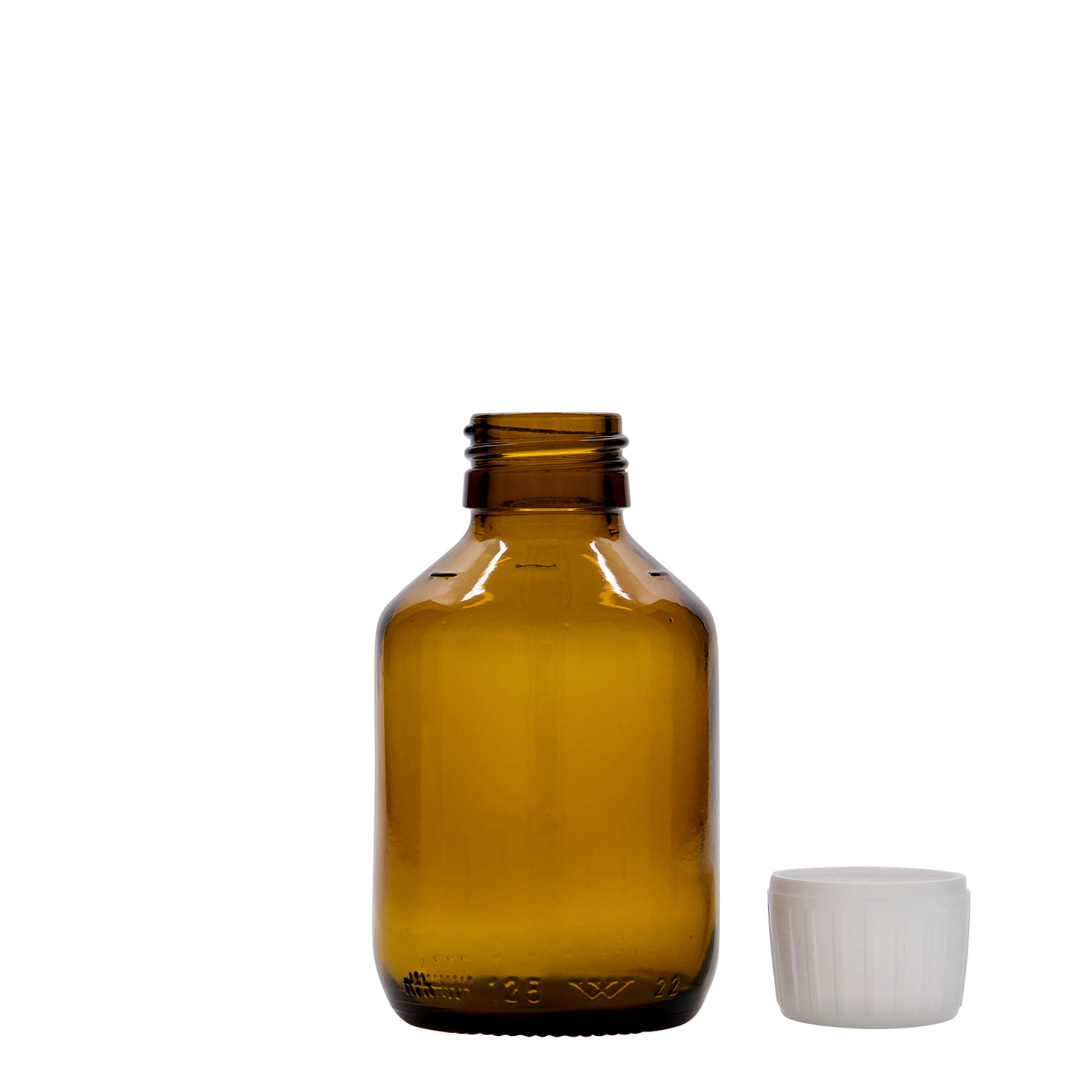 Medicijnfles, 125 ml, bruin, glas, monding: PP 28 Medicijnfles, 125 ml, bruin, glas, monding: PP 28