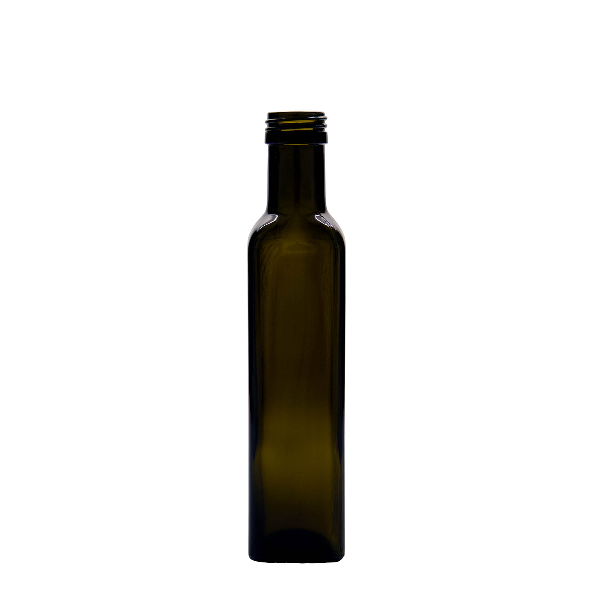 Glazen fles 'Marasca', 250 ml, vierkant, antiekgroen, monding: PP 31,5 Glazen fles 'Marasca', 250 ml, vierkant, antiekgroen, monding: PP 31,5