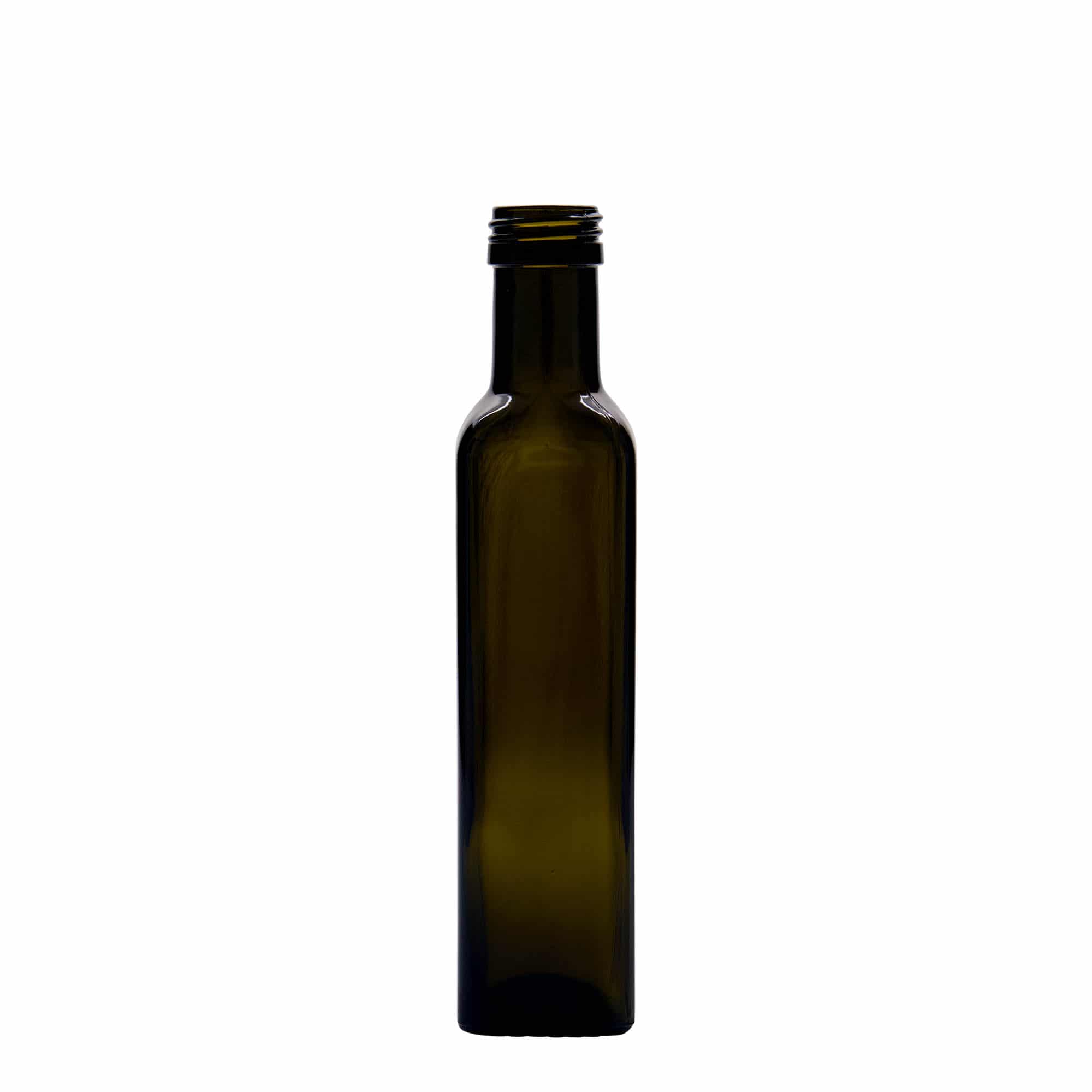 Glazen fles 'Marasca', 250 ml, vierkant, antiekgroen, monding: PP 31,5