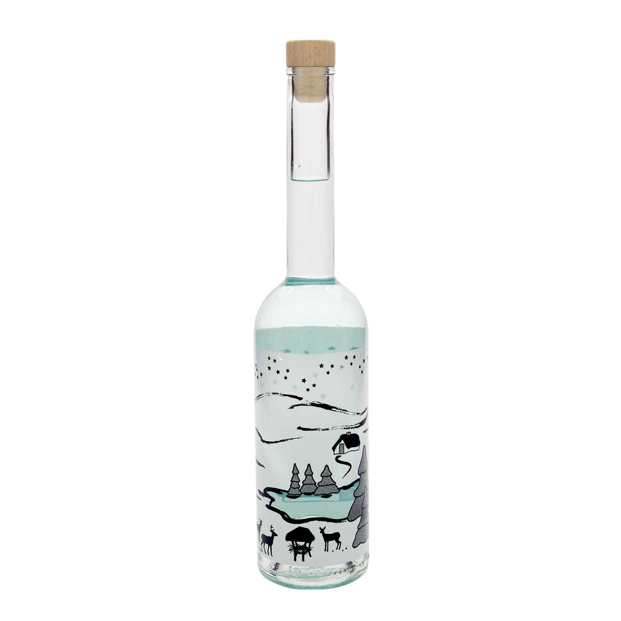 Glazen fles 'Opera', 500 ml, motief: Winterdroom-bianco, monding: kurk Glazen fles 'Opera', 500 ml, motief: Winterdroom-bianco, monding: kurk