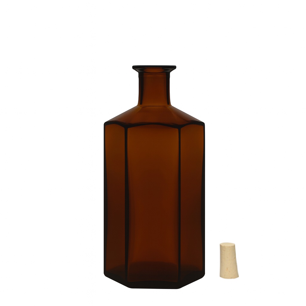 Glazen fles Apotheker 'Jimmy', 500 ml, zeshoekig, bruin, monding: kurk Glazen fles Apotheker 'Jimmy', 500 ml, zeshoekig, bruin, monding: kurk