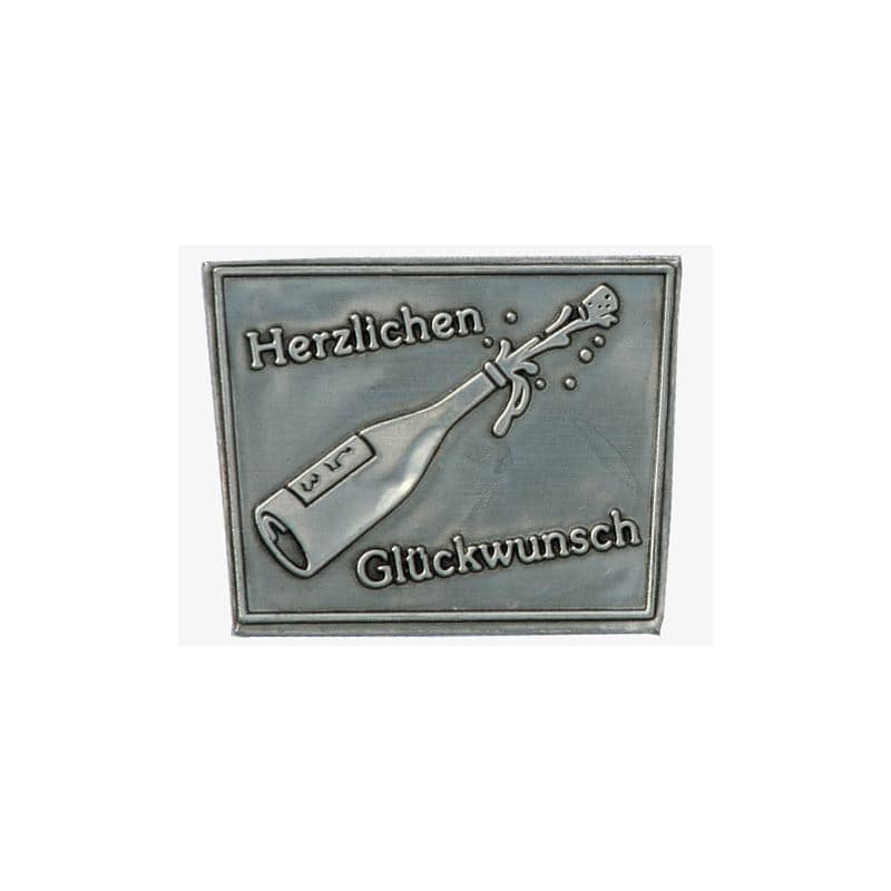 Tinnen etiket 'Hartelijk gefeliciteerd', trapezium, metaal, zilver