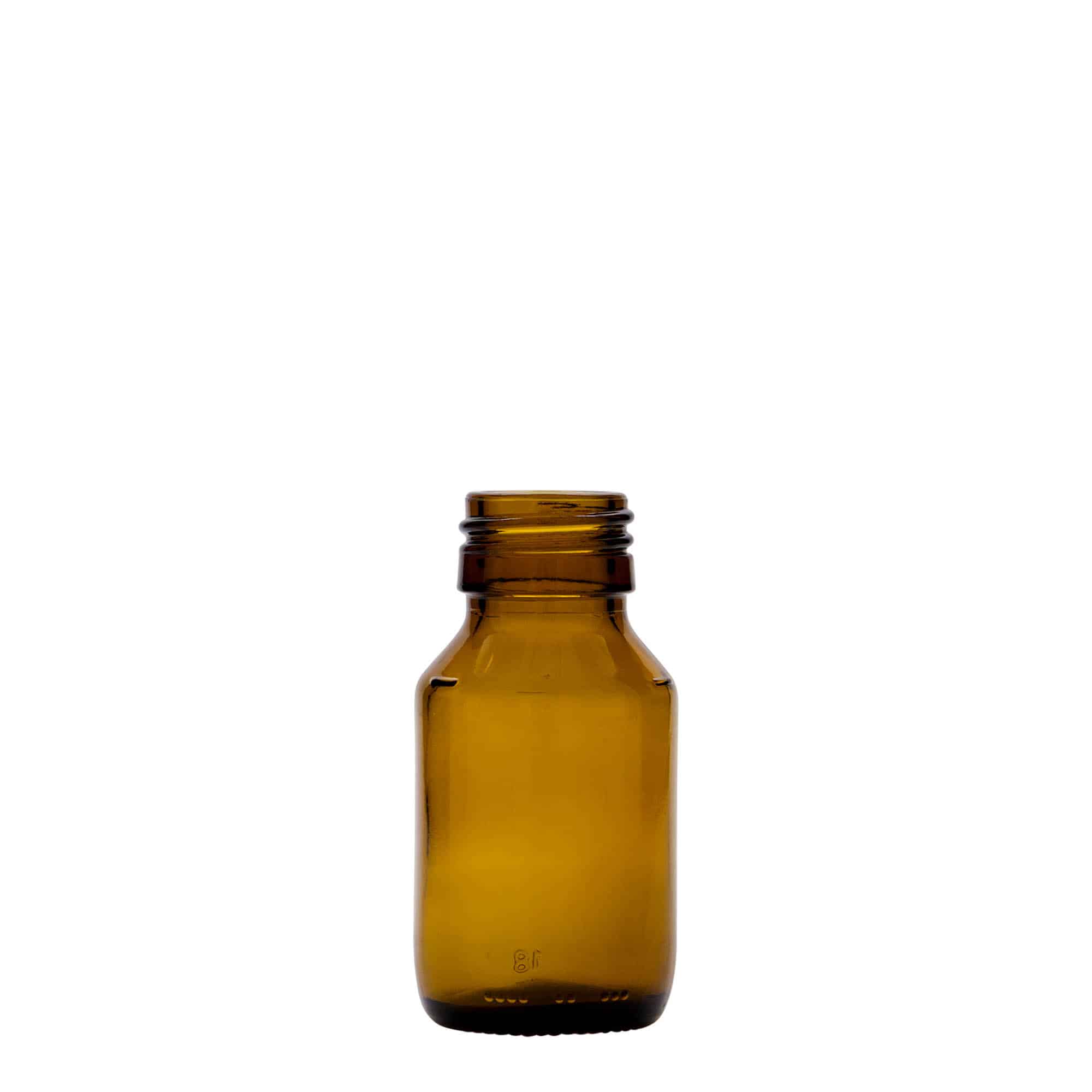 Flacon pharmaceutique 50 ml, brun, verre, bouchage: PP 28 Flacon pharmaceutique 50 ml, brun, verre, bouchage: PP 28
