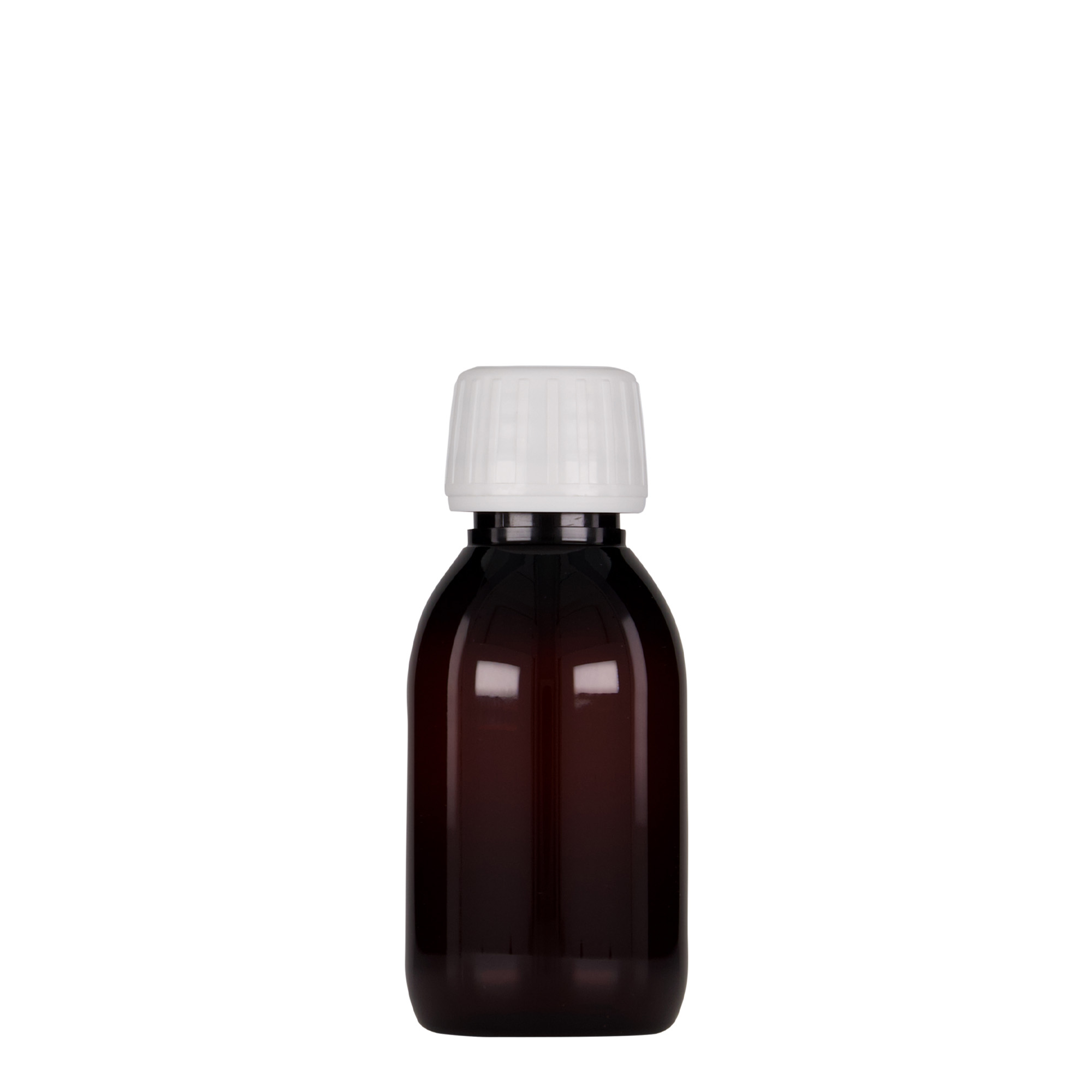 Flacon pharmaceutique en PET 100 ml, brun, plastique, bouchage: PP 28 Flacon pharmaceutique en PET 100 ml, brun, plastique, bouchage: PP 28