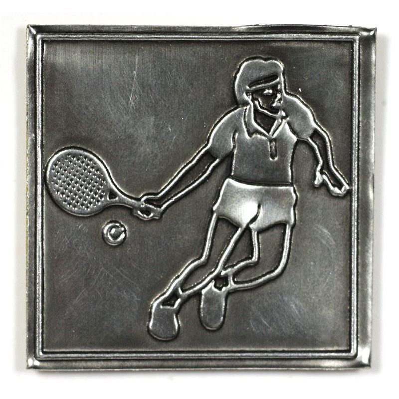 Étiquette en étain 'Tennis', carrée, métallique, argentée Étiquette en étain 'Tennis', carrée, métallique, argentée