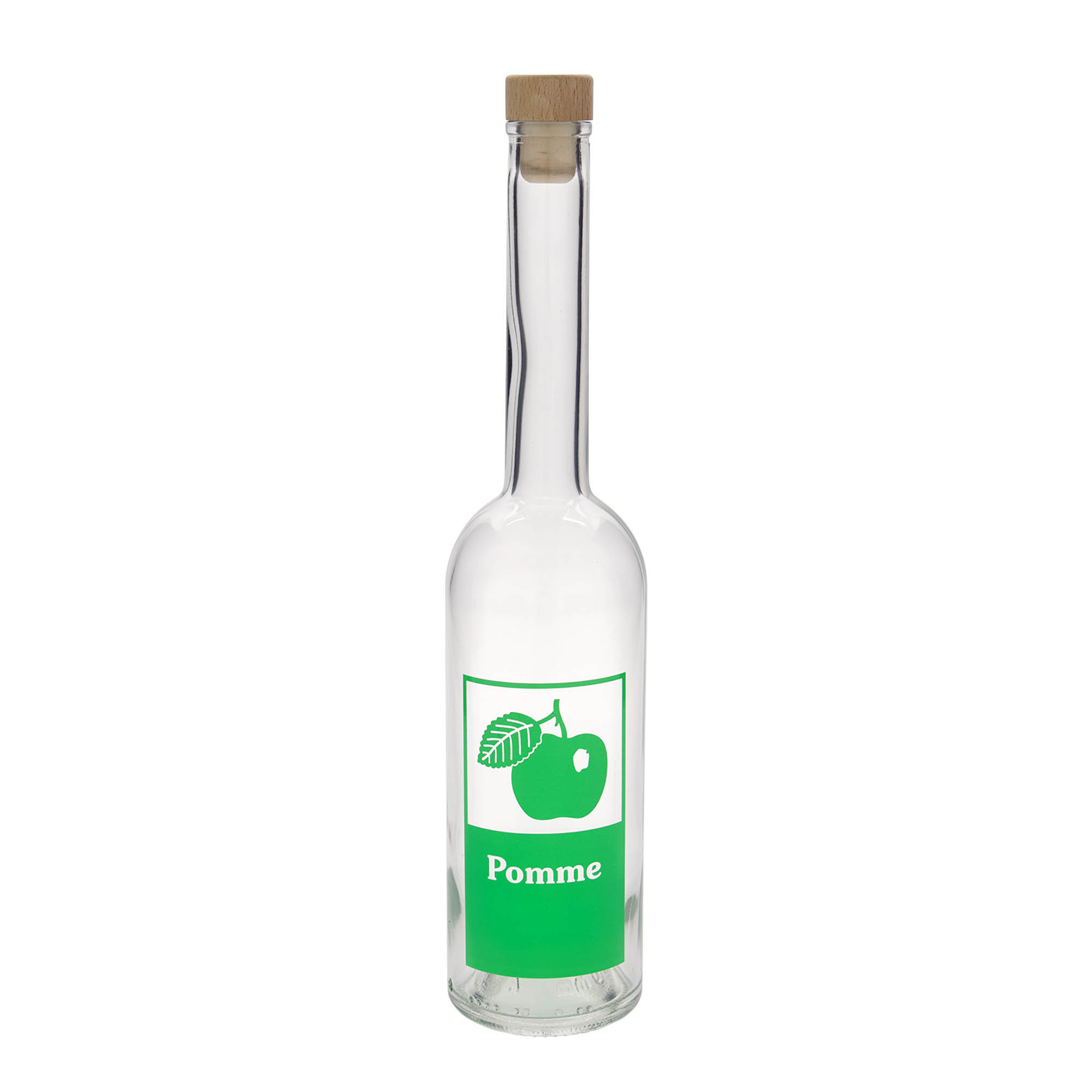 Glazen fles 'Opera', 500 ml, motief: Pomme, monding: kurk Glazen fles 'Opera', 500 ml, motief: Pomme, monding: kurk