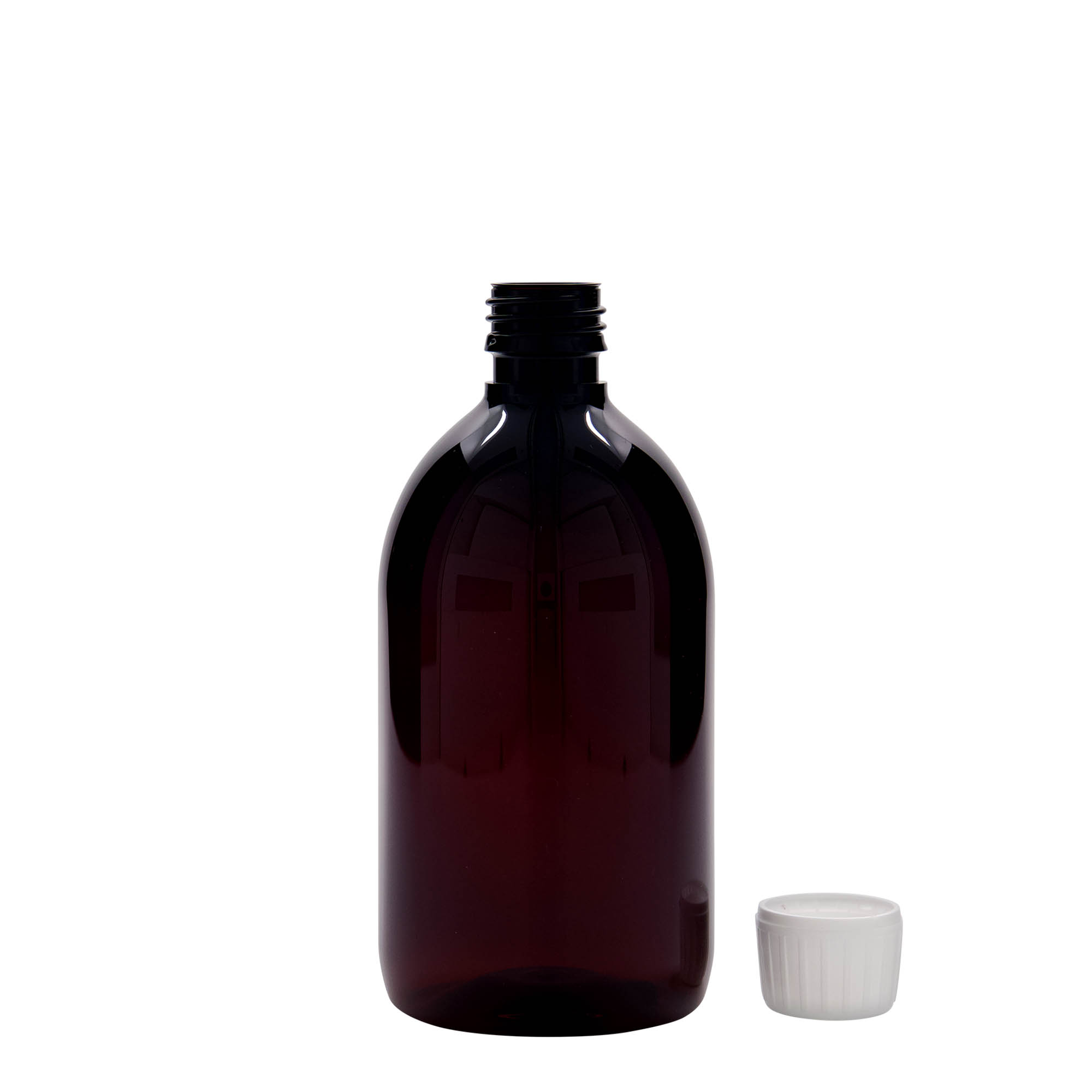 Flacon pharmaceutique en PET 500 ml, marron, plastique, bouchage: PP 28 Flacon pharmaceutique en PET 500 ml, marron, plastique, bouchage: PP 28