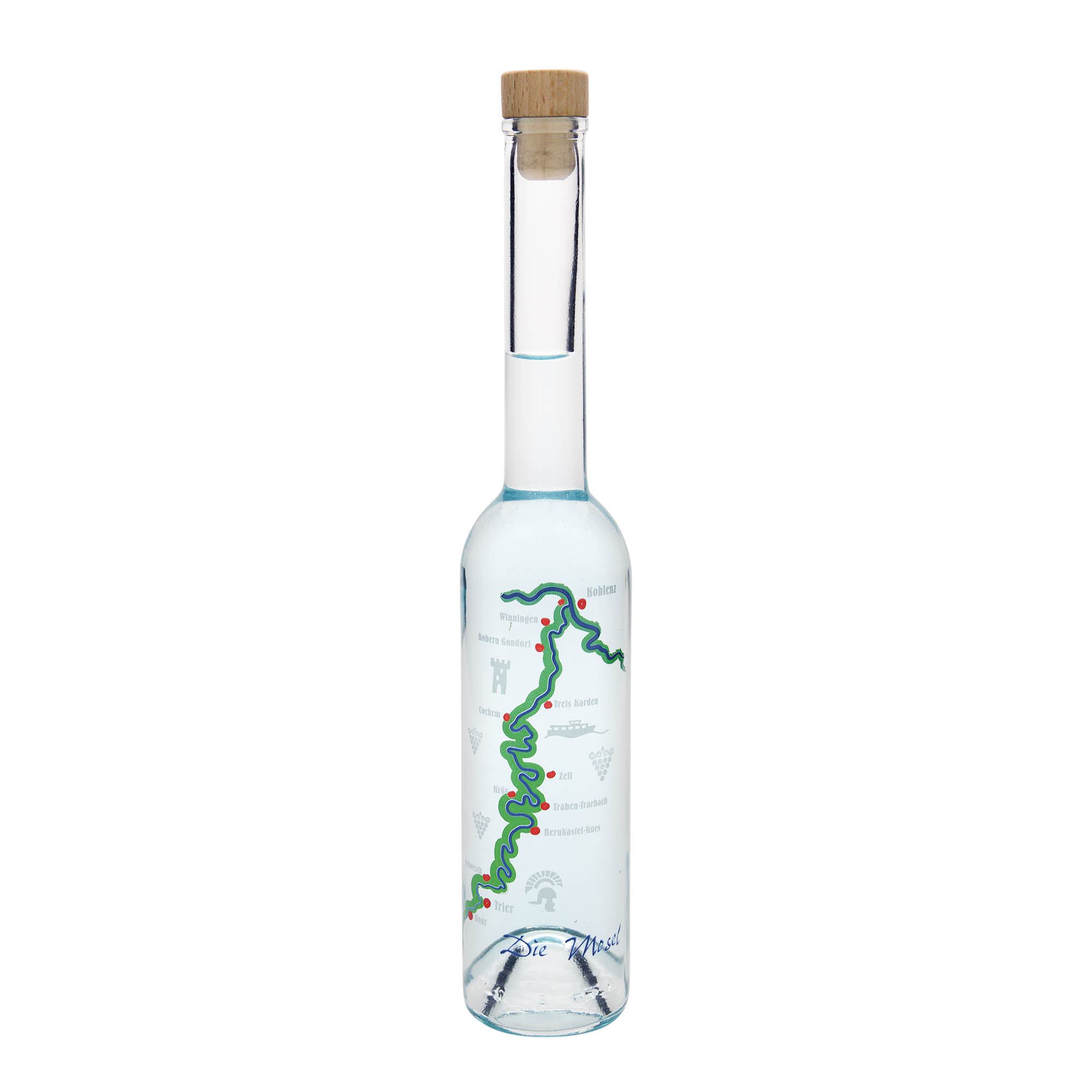 Glazen fles 'Opera', 350 ml, motief: Moezel, monding: kurk Glazen fles 'Opera', 350 ml, motief: Moezel, monding: kurk