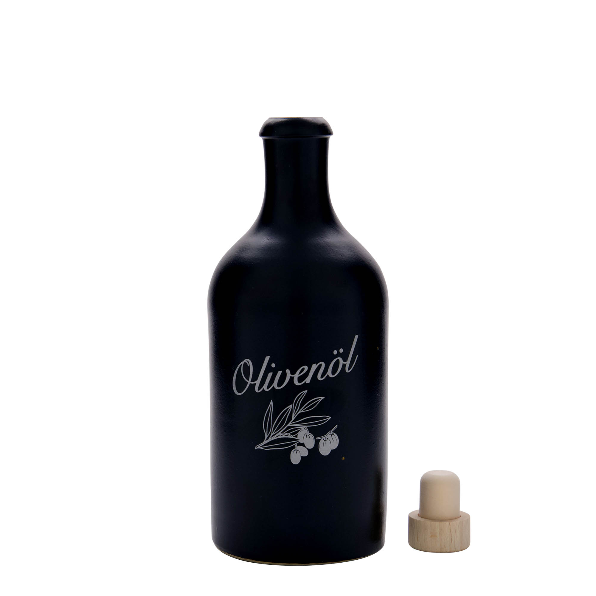 Keramische kruik, 500 ml, motief: Olijfolie, steengoed, zwart, monding: kurk Keramische kruik, 500 ml, motief: Olijfolie, steengoed, zwart, monding: kurk