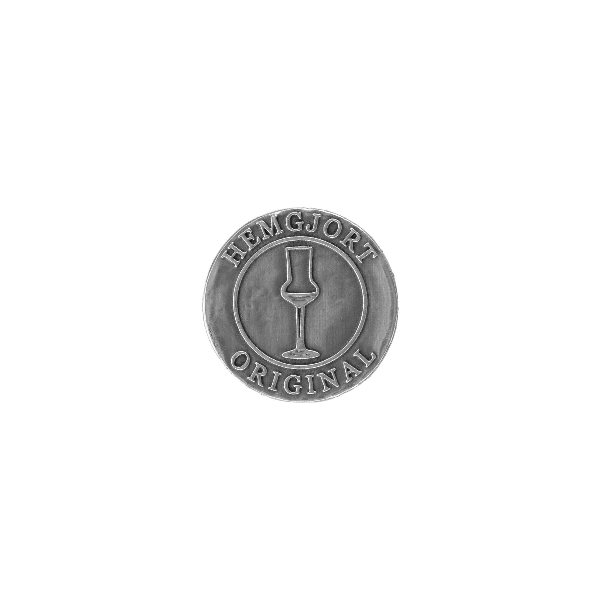 Tinnen etiket 'Hemgjort Original', rond, metaal, zilver Tinnen etiket 'Hemgjort Original', rond, metaal, zilver