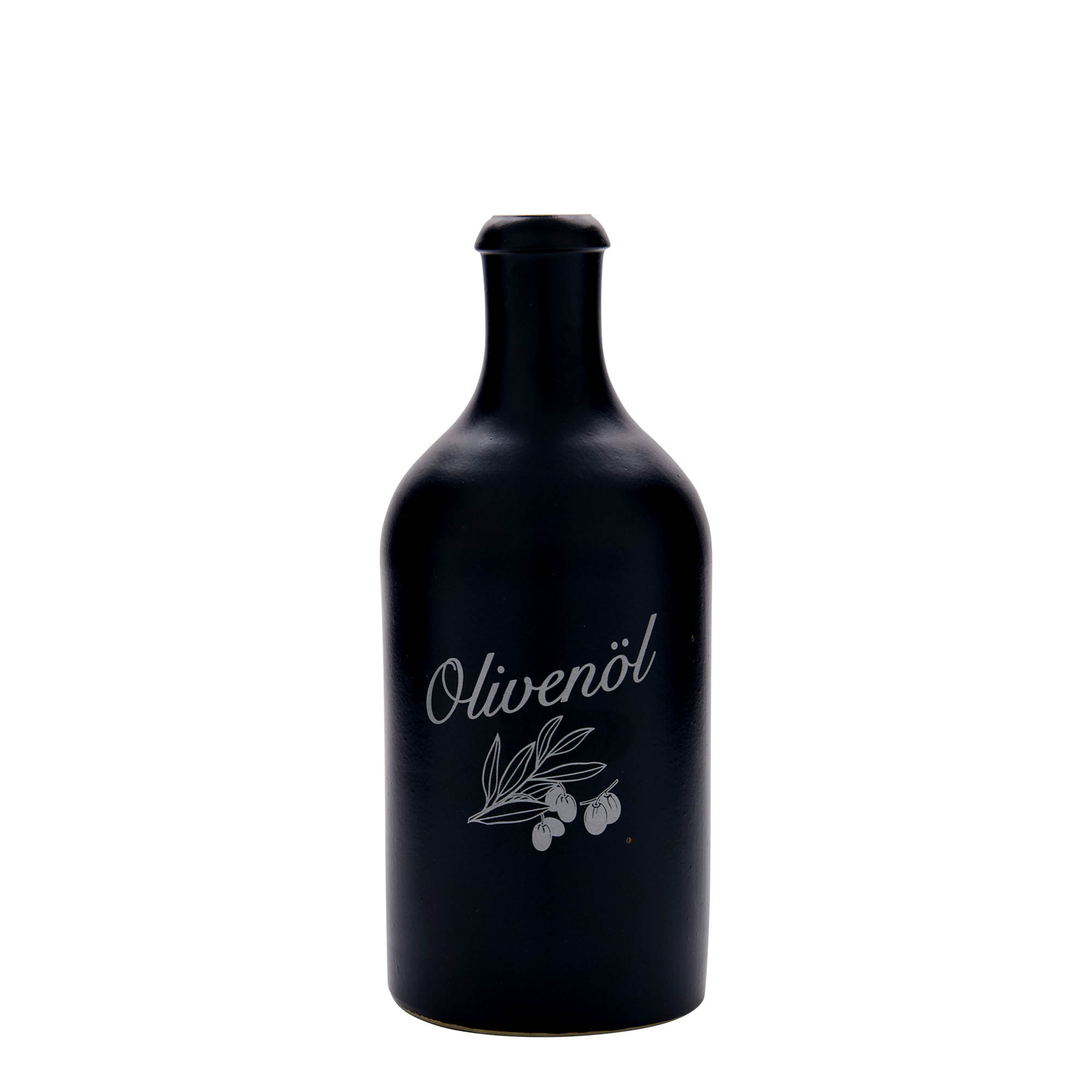 Chope en terre cuite 500 ml, motif : huile d’olive, grès, noir, bouchage: bouchon Chope en terre cuite 500 ml, motif : huile d’olive, grès, noir, bouchage: bouchon