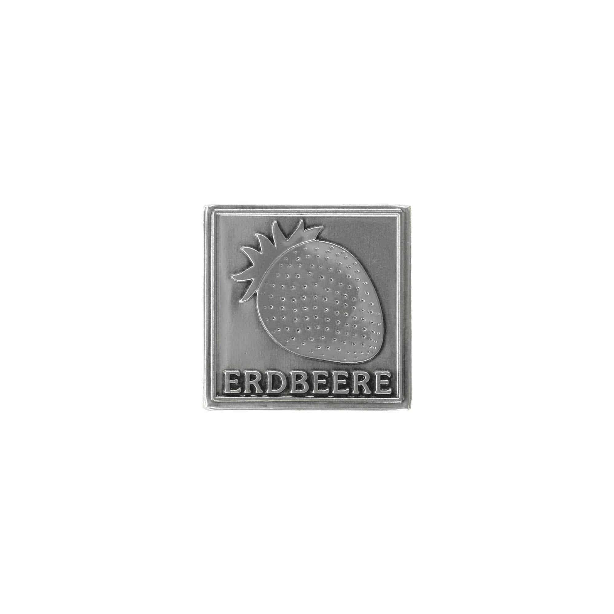 Tinnen etiket 'Aardbei', vierkant, metaal, zilver