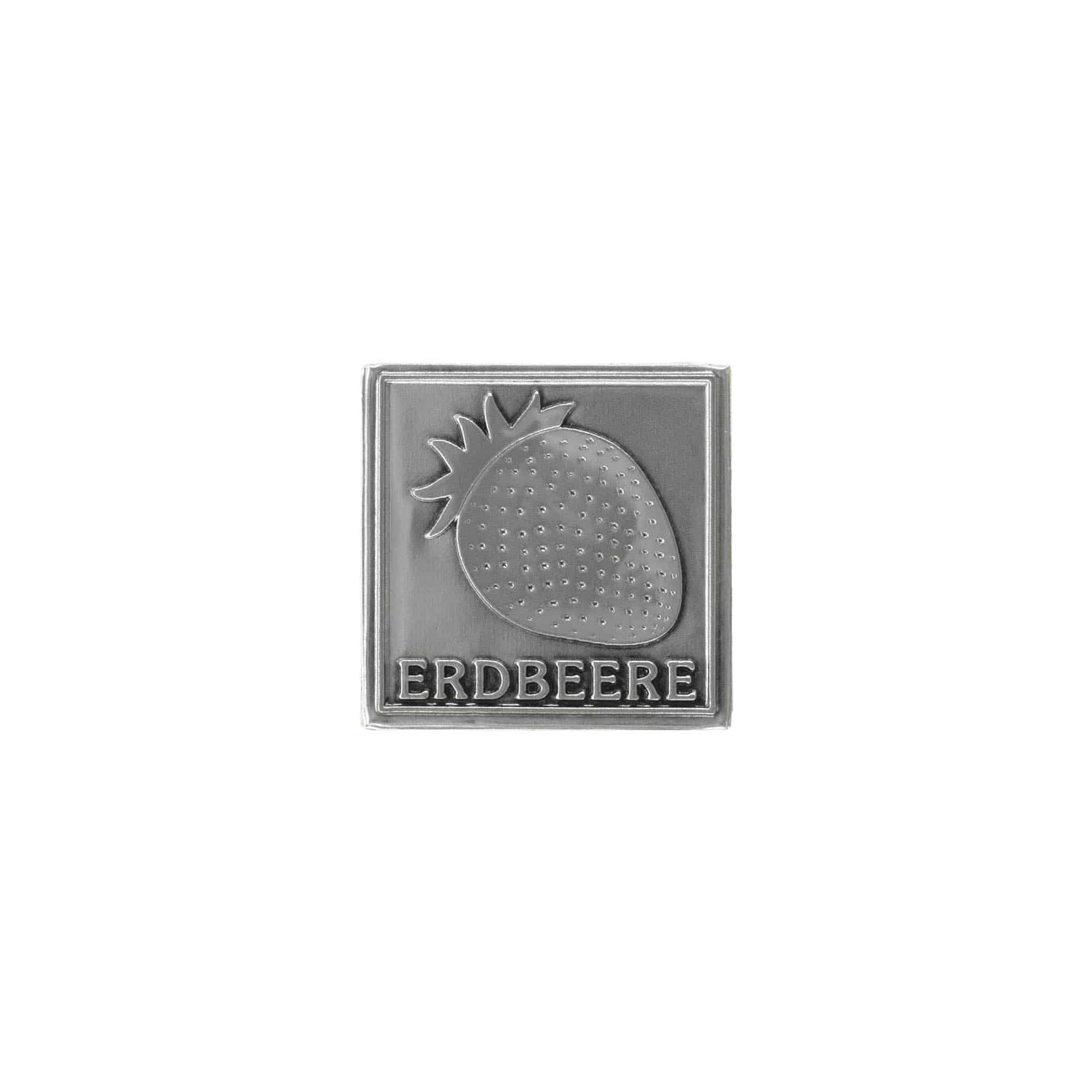 Tinnen etiket 'Aardbei', vierkant, metaal, zilver