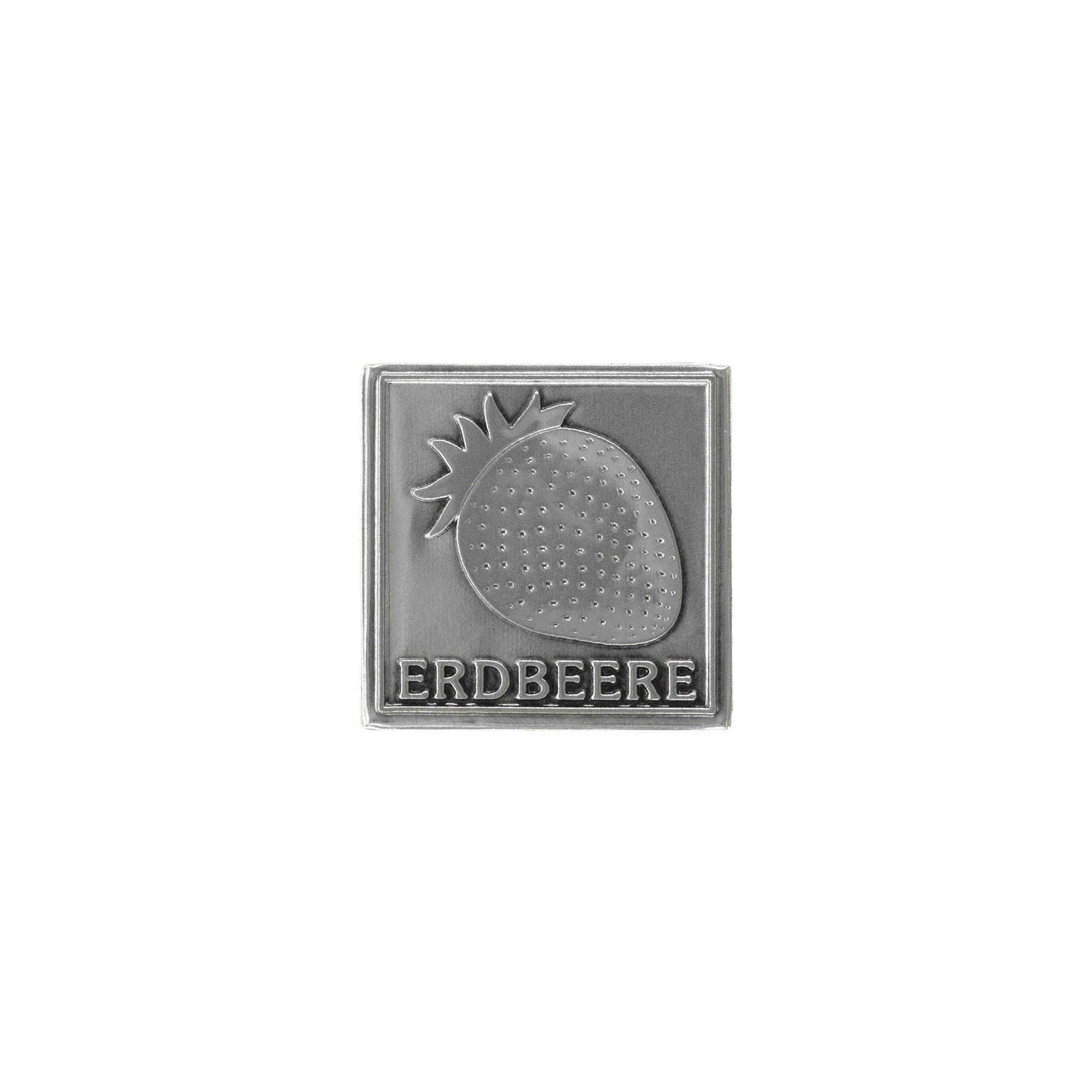 Tinnen etiket 'Aardbei', vierkant, metaal, zilver Tinnen etiket 'Aardbei', vierkant, metaal, zilver