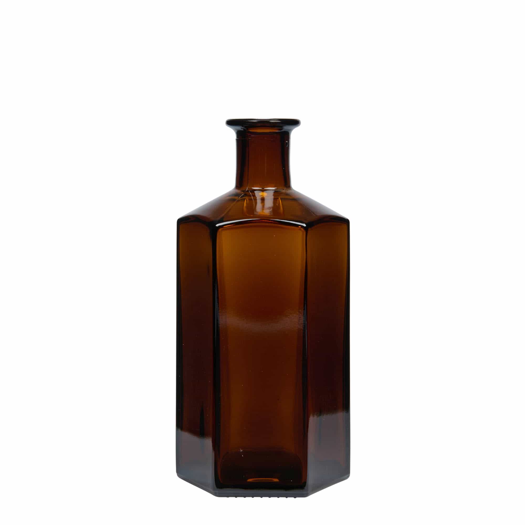 Glazen fles Apotheker 'Jimmy'. 500 ml. zeshoekig. bruin. monding: kurk Glazen fles Apotheker 'Jimmy'. 500 ml. zeshoekig. bruin. monding: kurk
