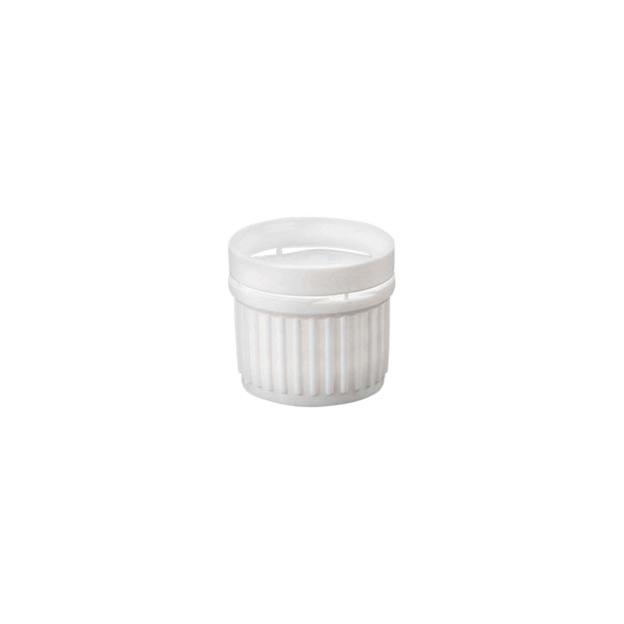 Bougage à vis avec bouchon avec fermeture garantie, plastique PE, blanc, pour bouchage: DIN 18 Bougage à vis avec bouchon avec fermeture garantie, plastique PE, blanc, pour bouchage: DIN 18