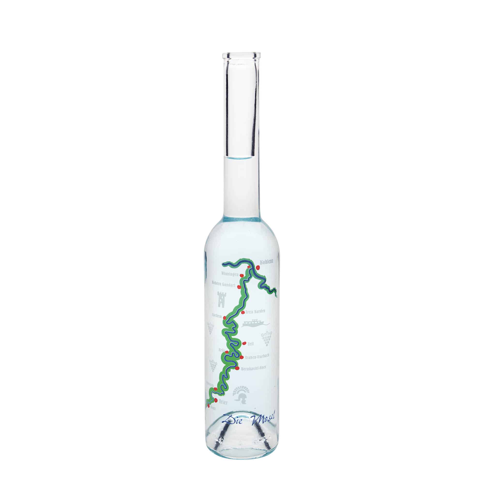 Glazen fles 'Opera', 350 ml, motief: Moezel, monding: kurk Glazen fles 'Opera', 350 ml, motief: Moezel, monding: kurk