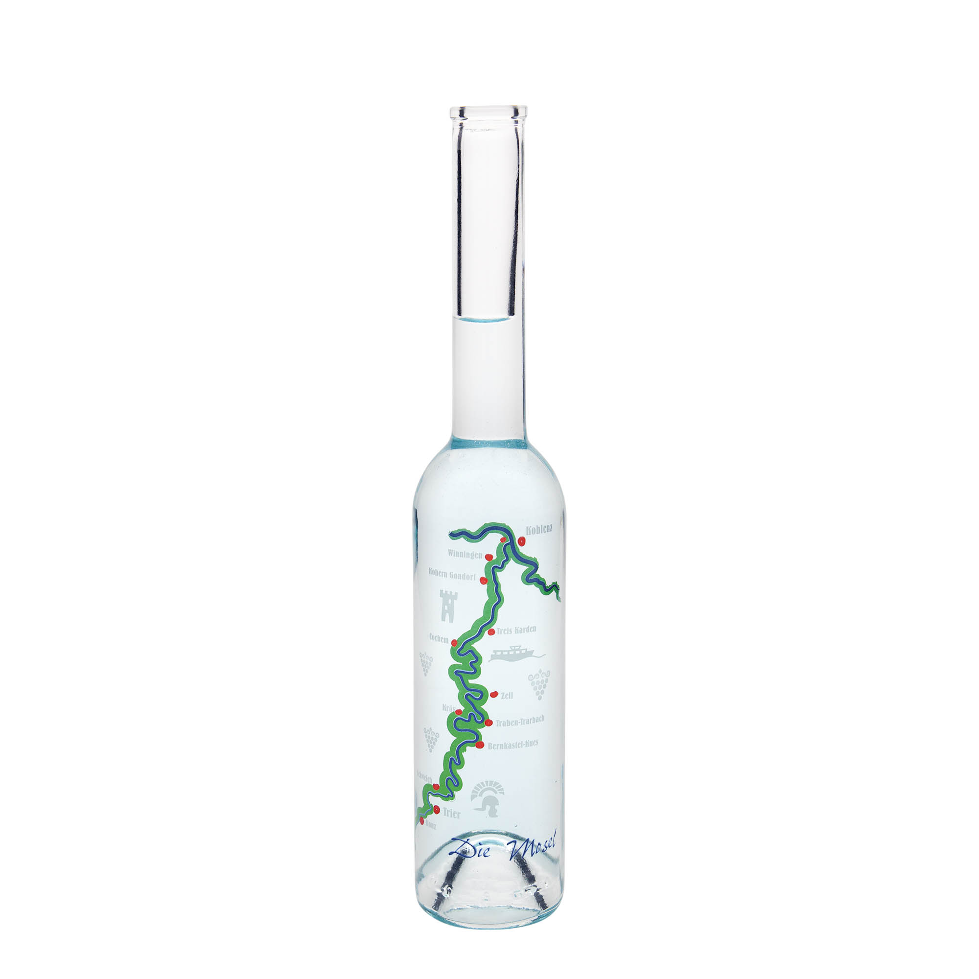 Glazen fles 'Opera', 350 ml, motief: Moezel, monding: kurk Glazen fles 'Opera', 350 ml, motief: Moezel, monding: kurk