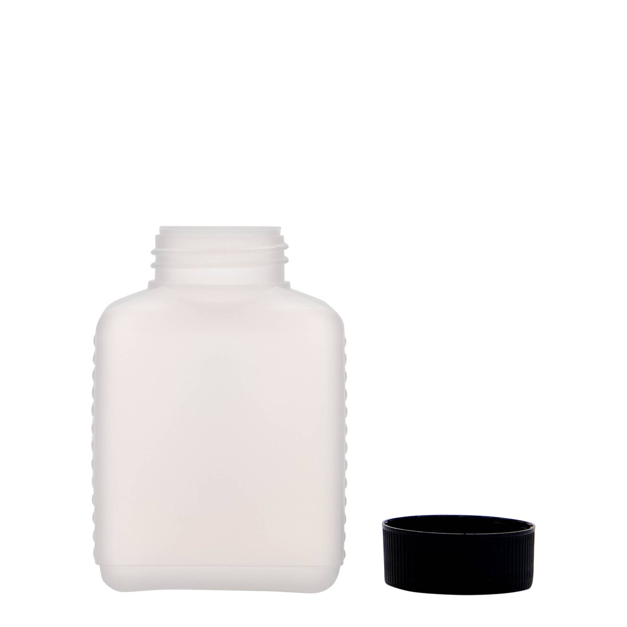 Fles met brede hals, 250 ml, rechthoekig, HDPE-kunststof, naturel, monding: DIN 40 EPE Fles met brede hals, 250 ml, rechthoekig, HDPE-kunststof, naturel, monding: DIN 40 EPE