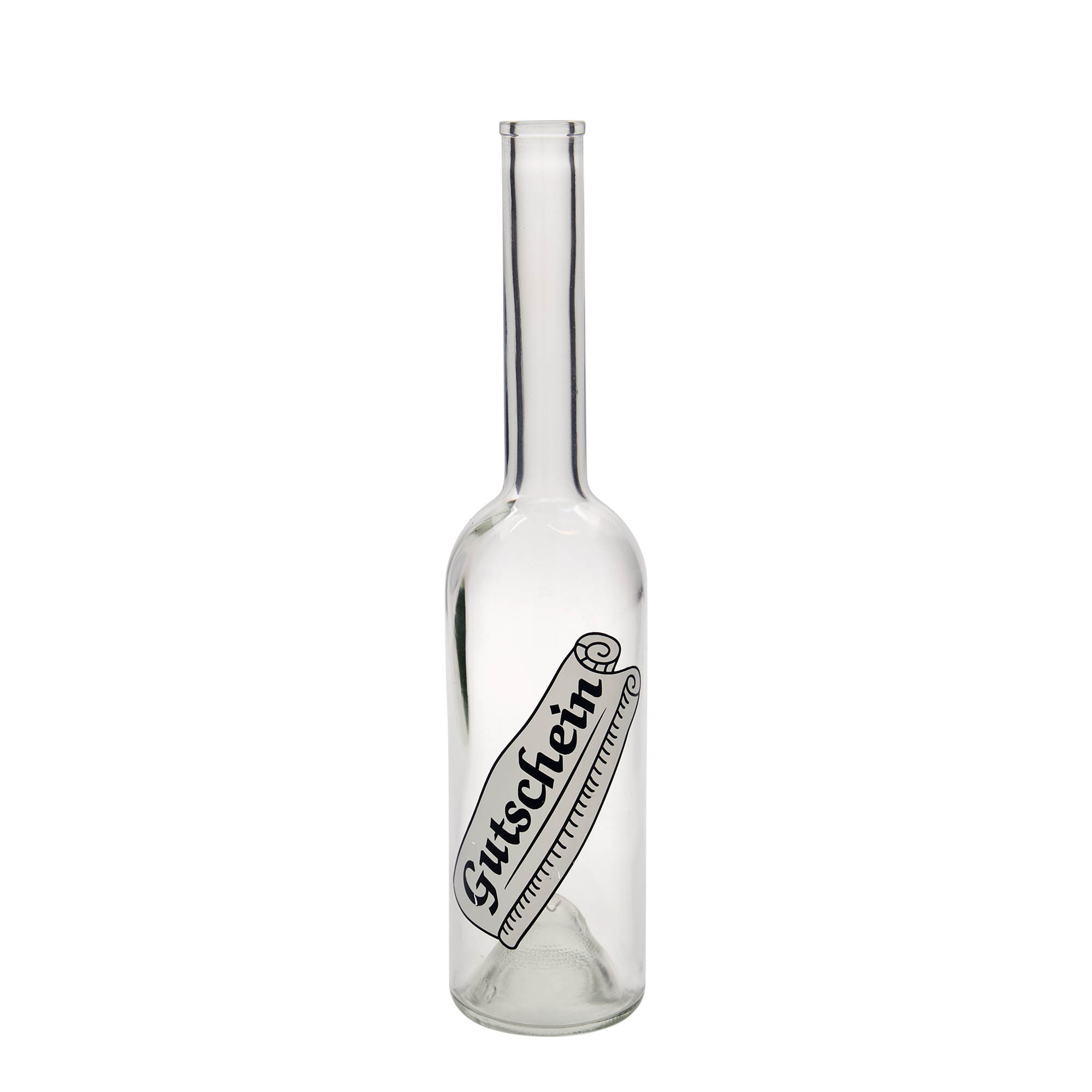 Glazen fles 'Opera', 500 ml, motief: Waardebon, monding: kurk Glazen fles 'Opera', 500 ml, motief: Waardebon, monding: kurk
