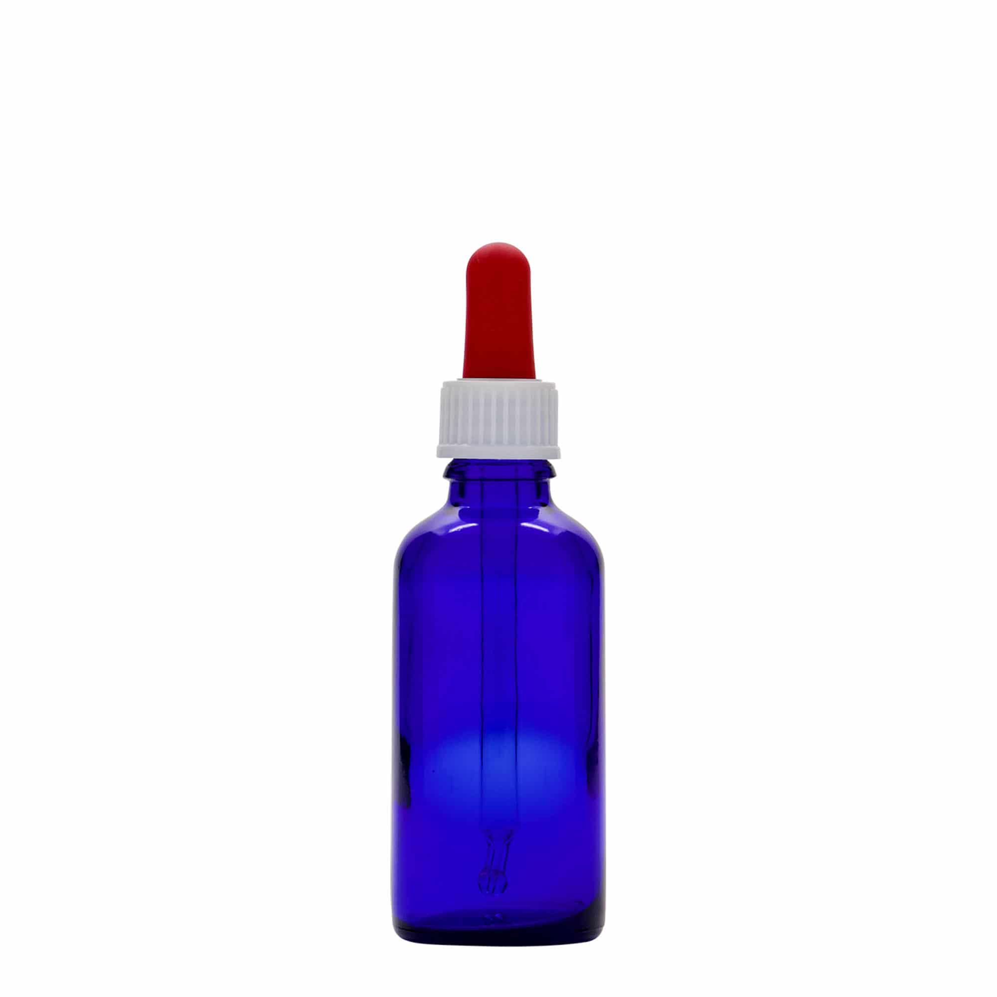 Flacon compte-gouttes médical 50 ml, verre, bleu roi-rouge, bouchage: DIN 18