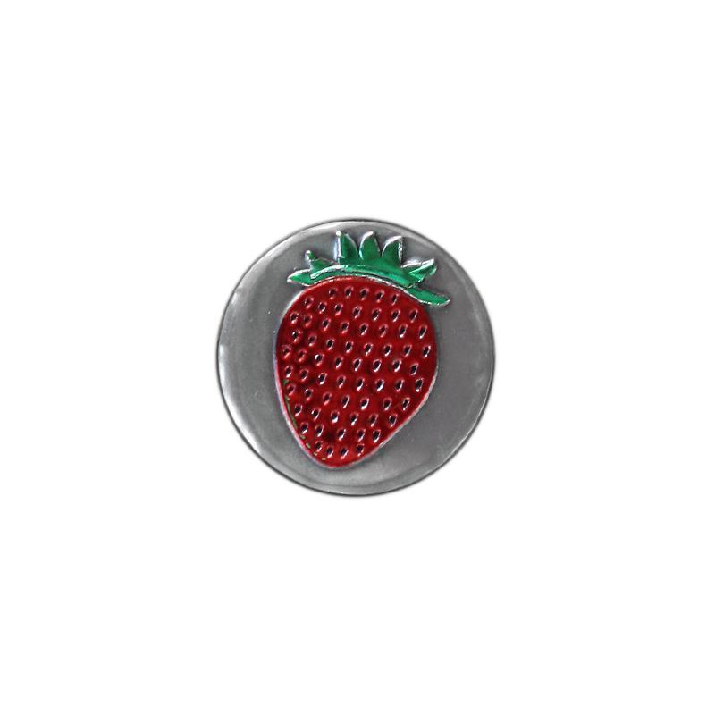 Tinnen etiket 'Aardbei', rond, metaal, zilver Tinnen etiket 'Aardbei', rond, metaal, zilver