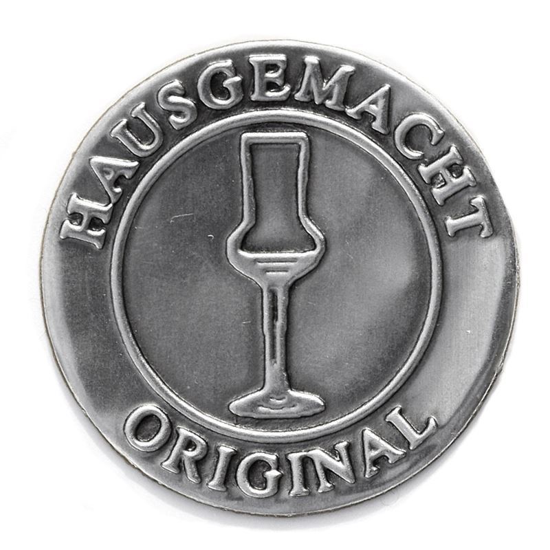 Tinnen etiket 'Origineel eigengemaakt', rond, metaal, zilver