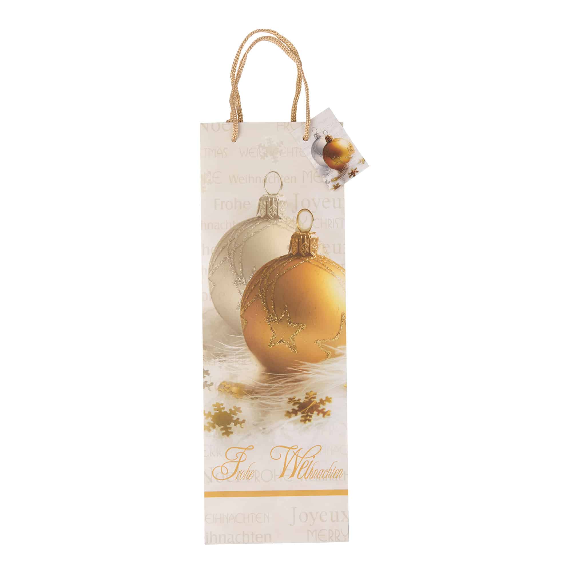 Sac à bouteilles, motif : joyeux Noël, carré, papier, doré Sac à bouteilles, motif : joyeux Noël, carré, papier, doré