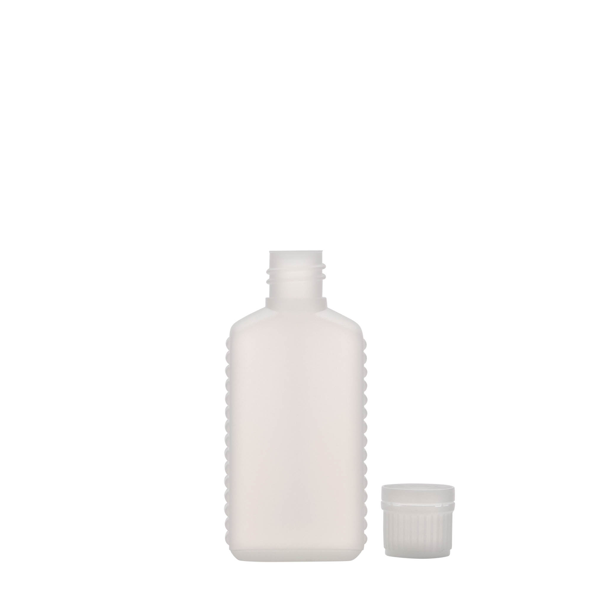 Canisterfles smalle hals, 50 ml, rechthoekig, HDPE-kunststof, naturel, monding: DIN 18 Canisterfles smalle hals, 50 ml, rechthoekig, HDPE-kunststof, naturel, monding: DIN 18