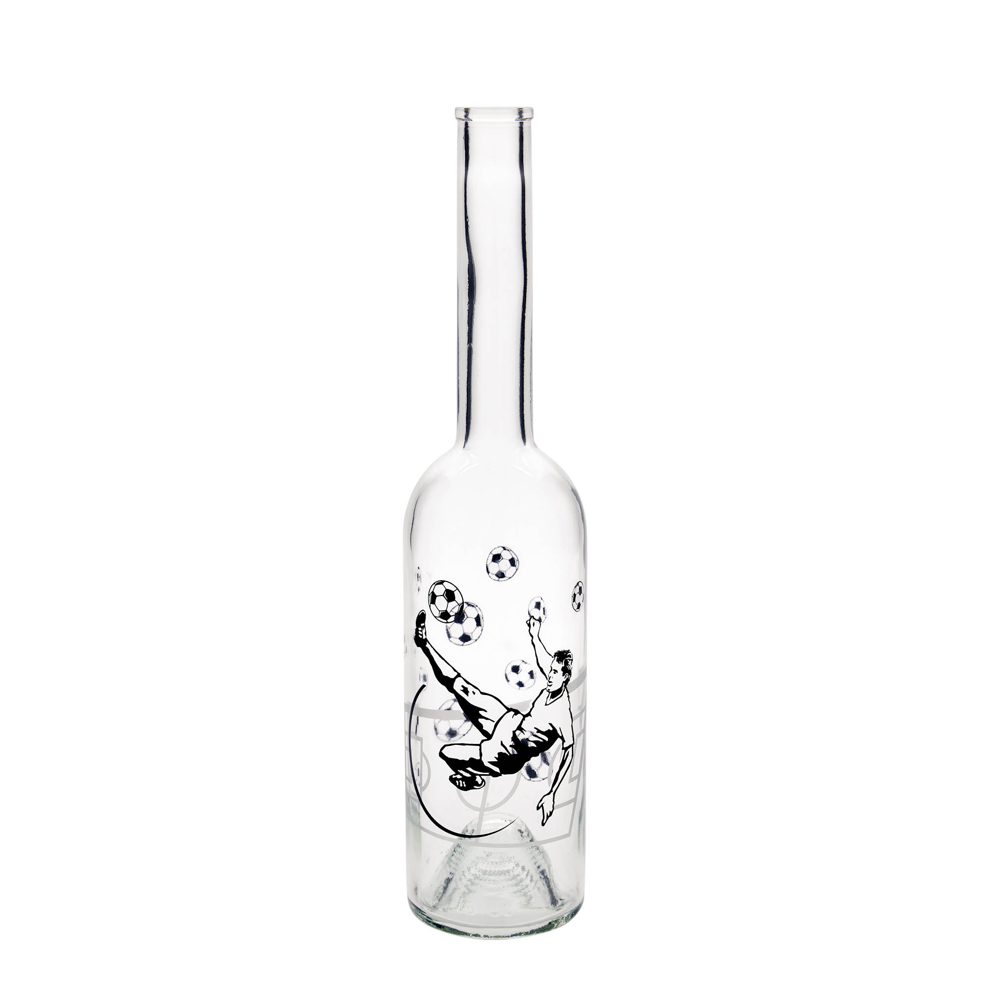 Glazen fles 'Opera', 500 ml, motief: Voetballer, monding: kurk Glazen fles 'Opera', 500 ml, motief: Voetballer, monding: kurk
