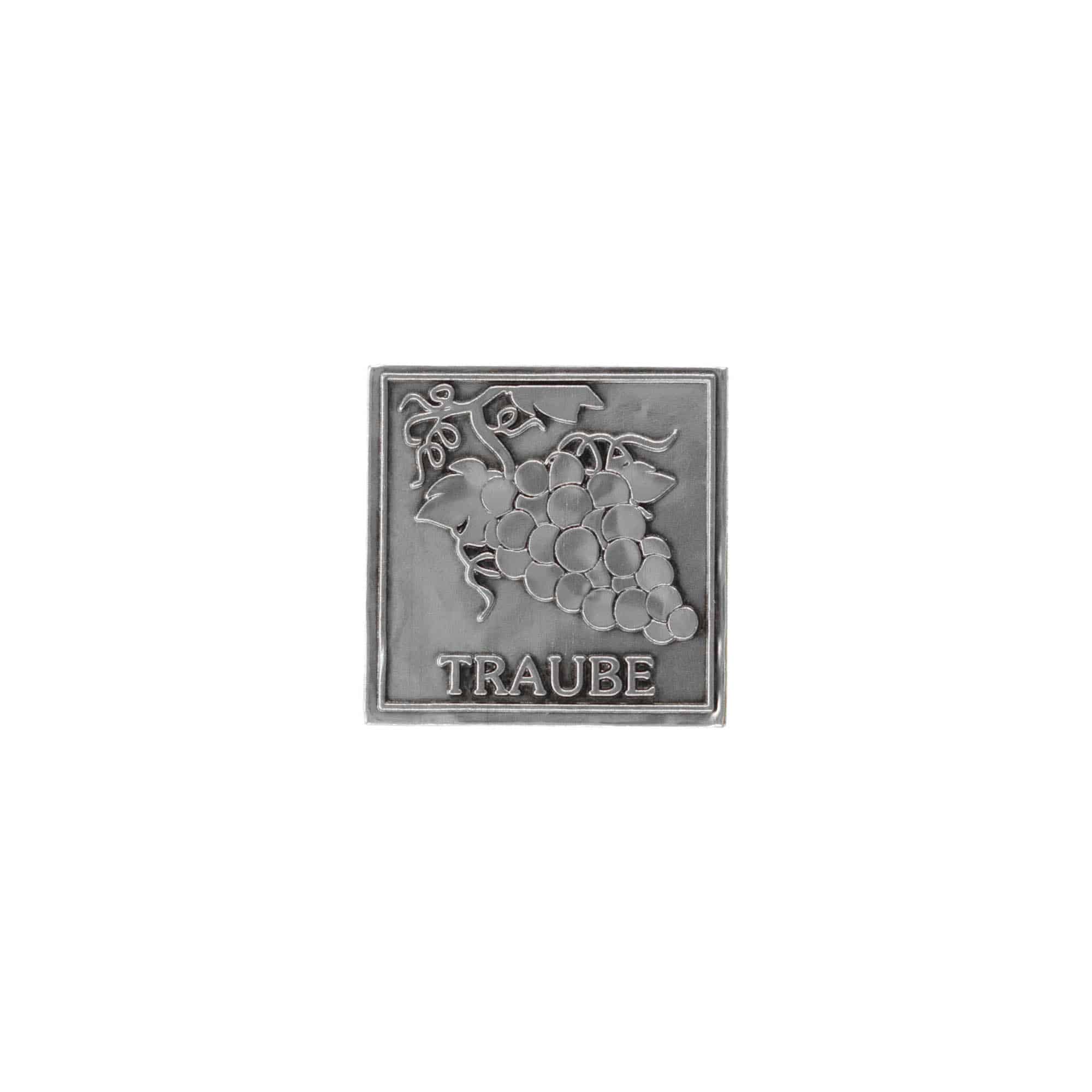 Tinnen etiket 'Druif', vierkant, metaal, zilver