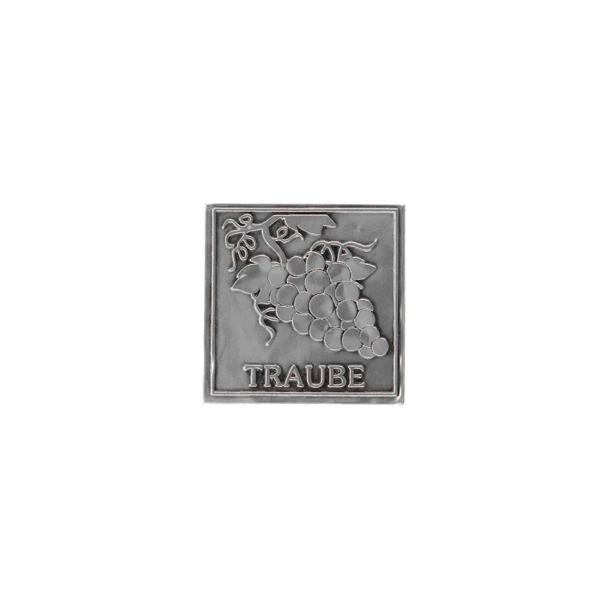 Tinnen etiket 'Druif', vierkant, metaal, zilver