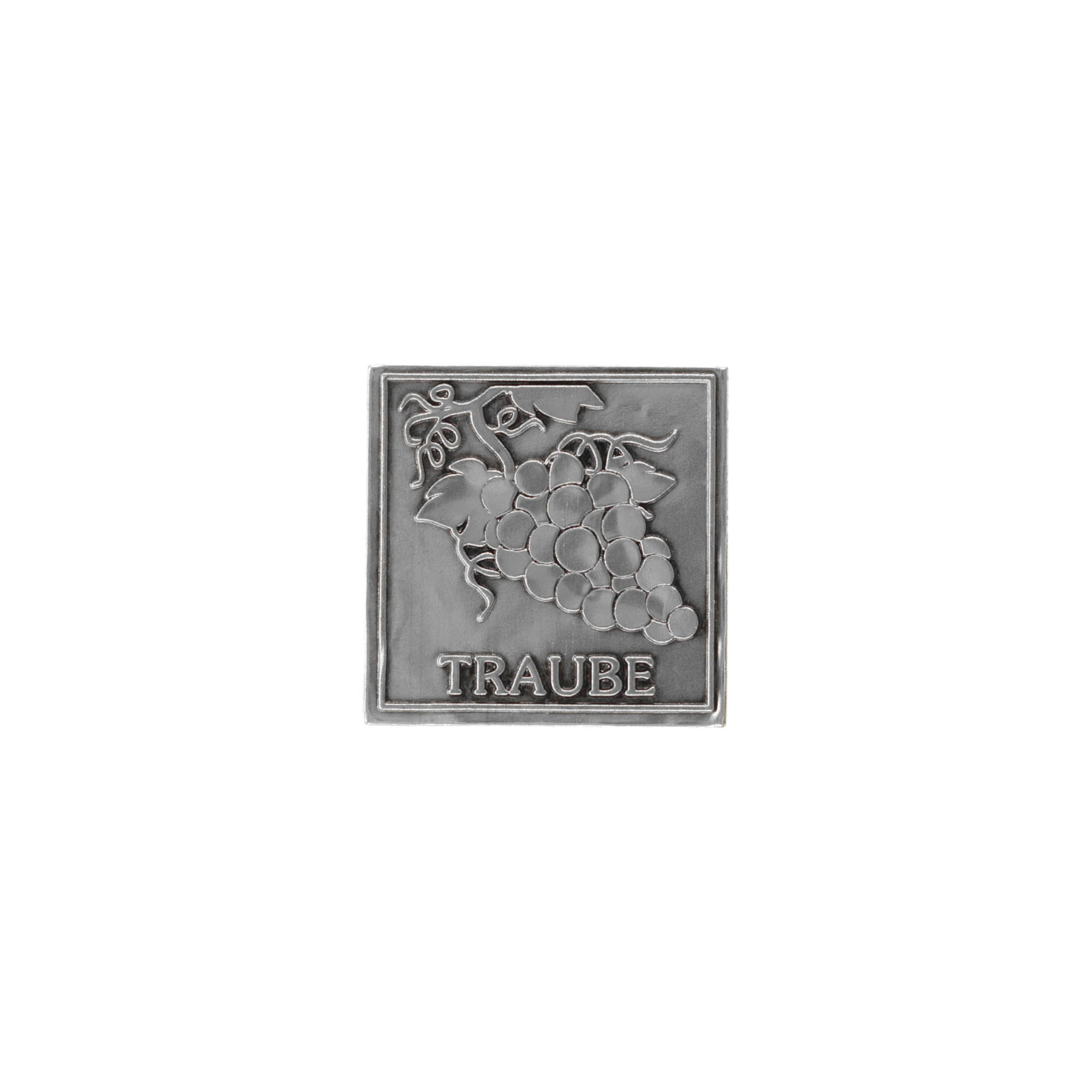 Tinnen etiket 'Druif', vierkant, metaal, zilver Tinnen etiket 'Druif', vierkant, metaal, zilver